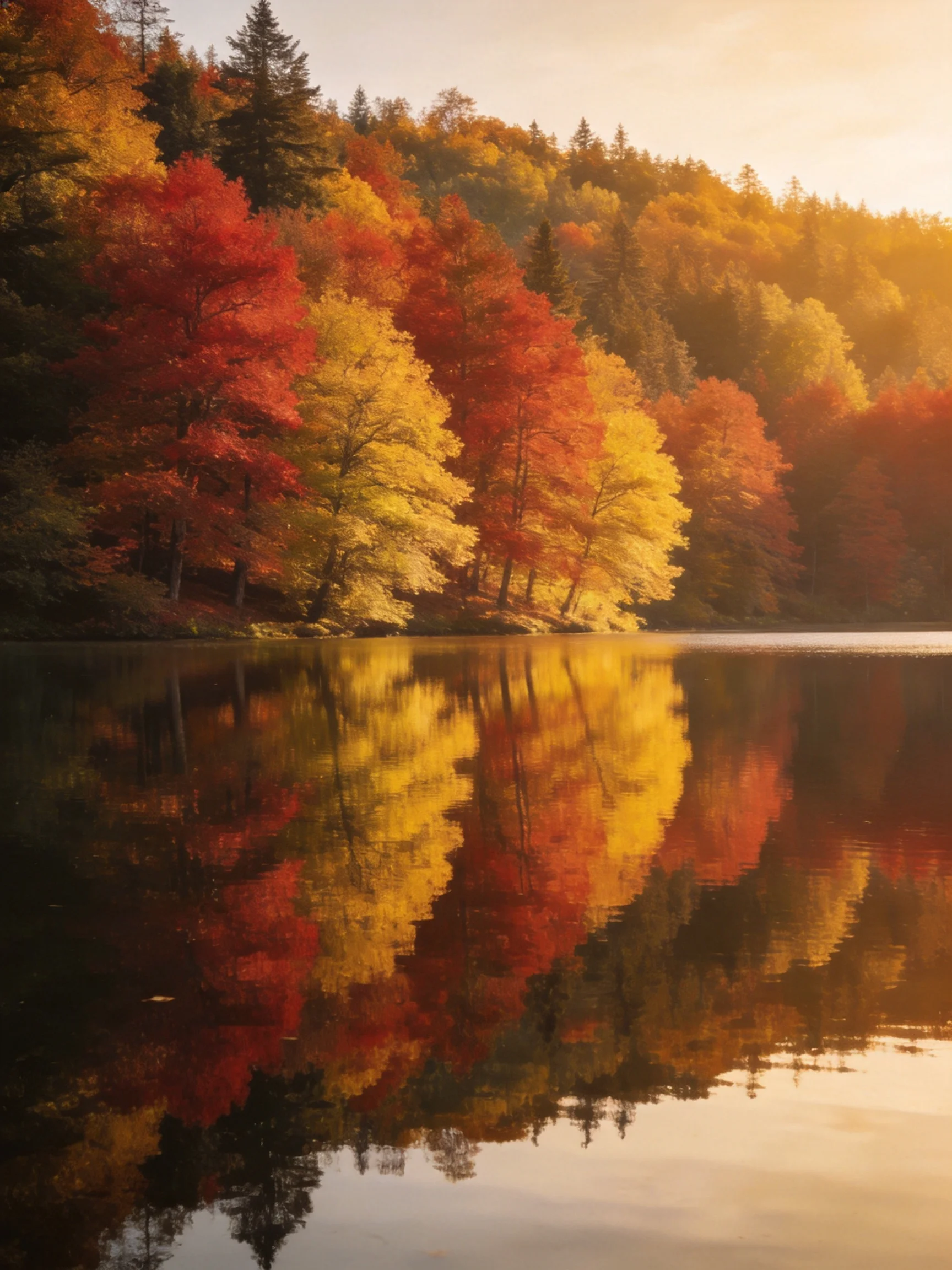 Colorful autumn trees reflect in tranquil lake waters