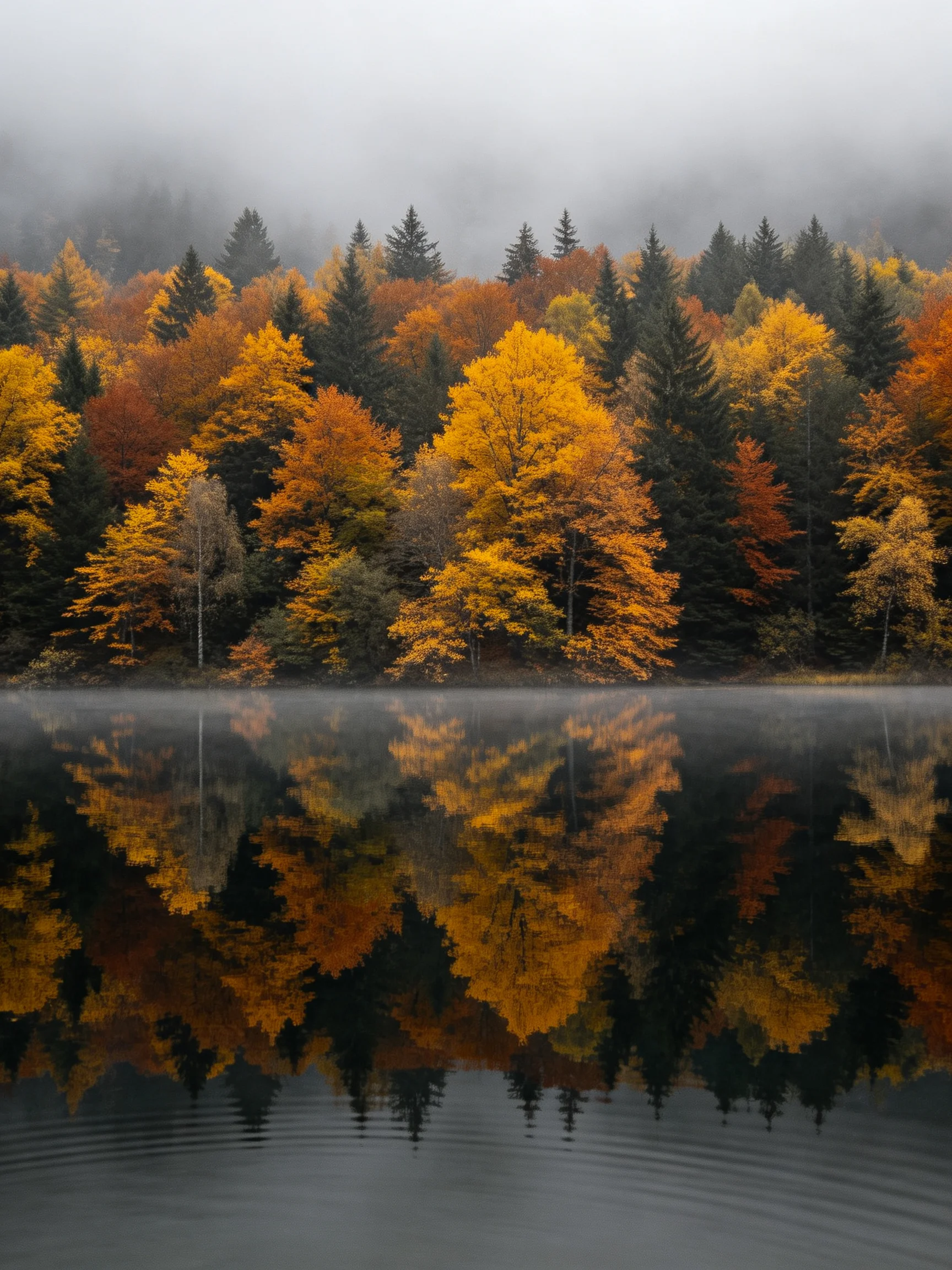 Colorful autumn trees reflected in misty, calm forest lake