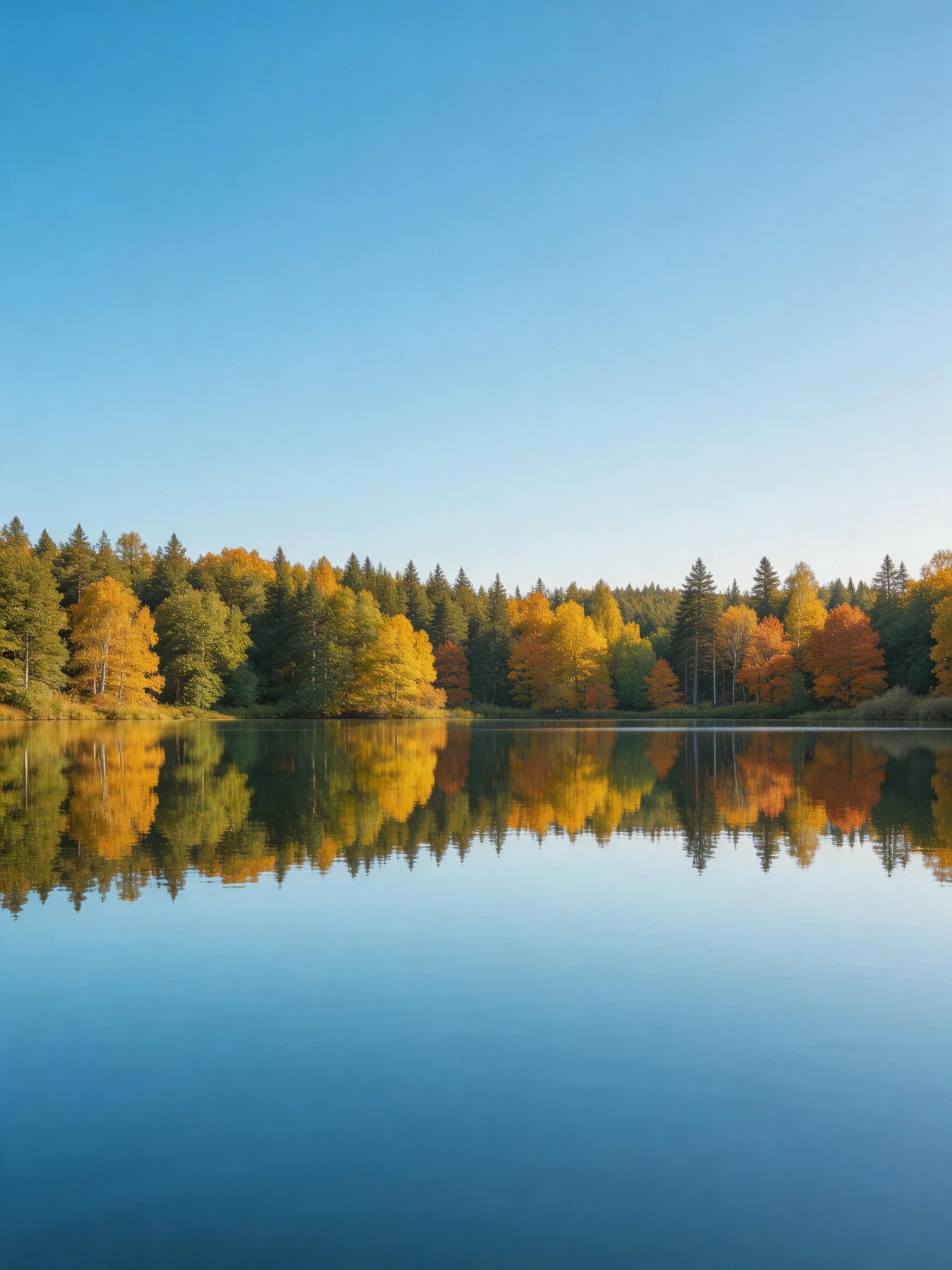 Colorful autumn trees reflected in tranquil blue lake waters