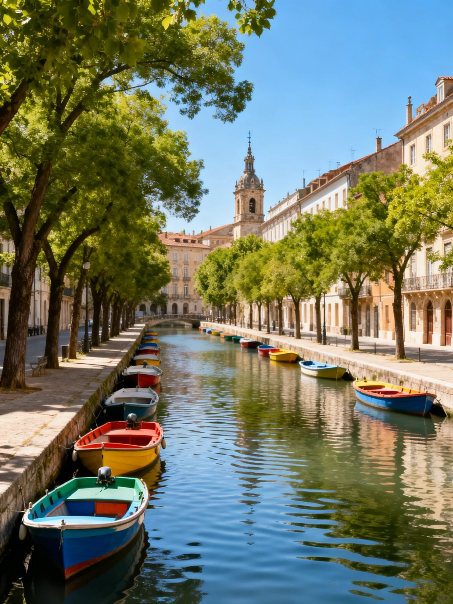Colorful boats rest along a calm waterway bordered by historic buildings