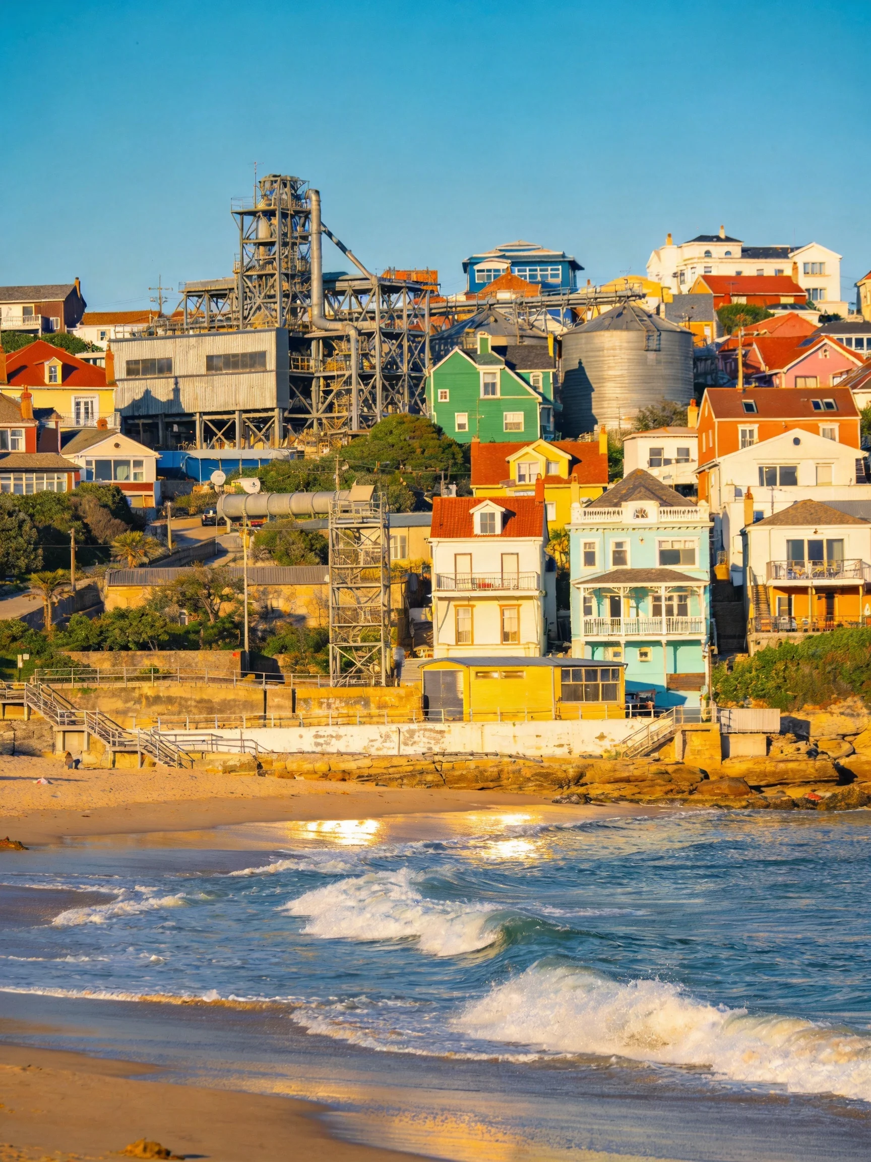 Colorful coastal town with industrial backdrop near sandy shore