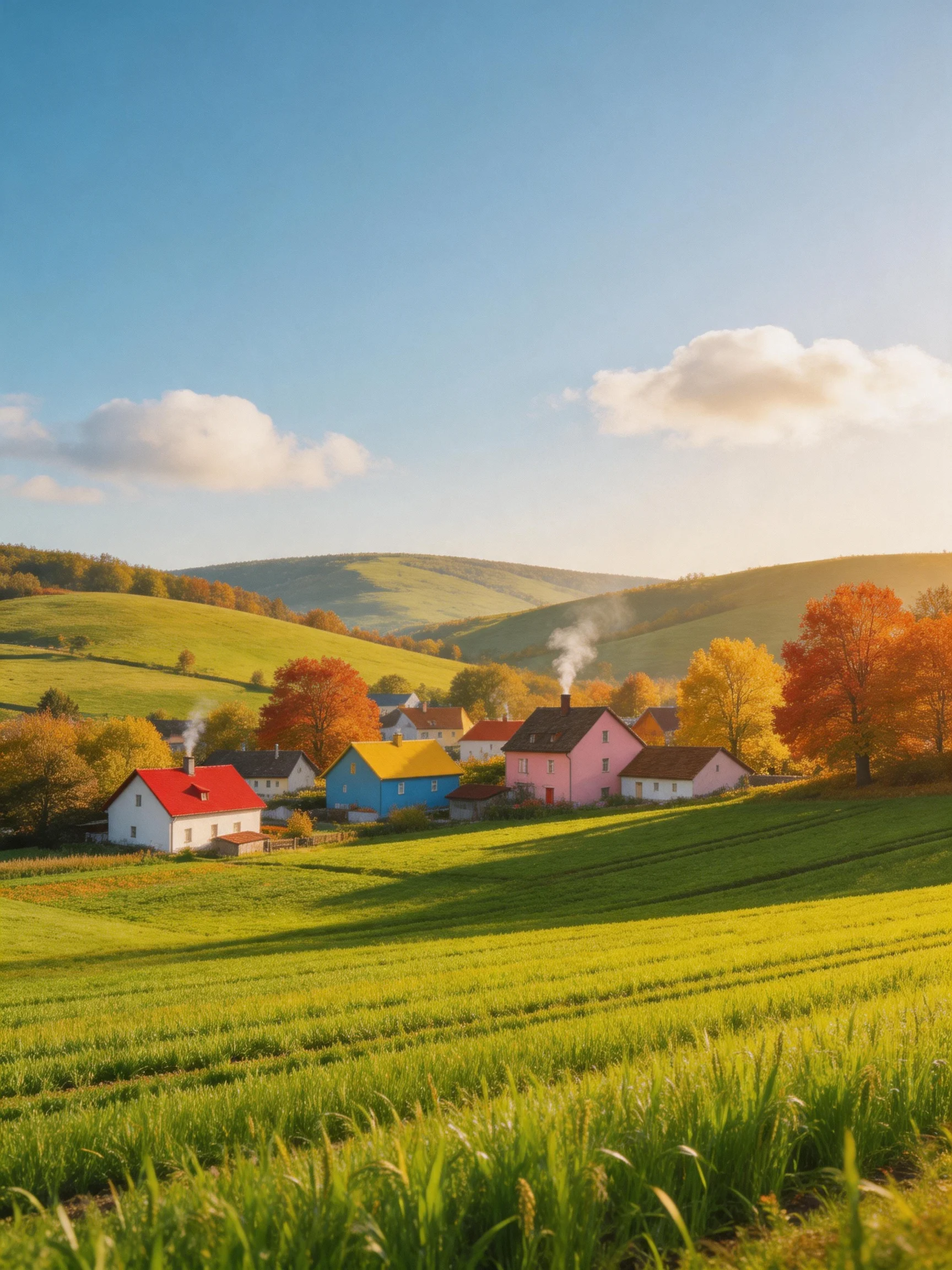 Colorful cottages near rolling green hills with autumn trees