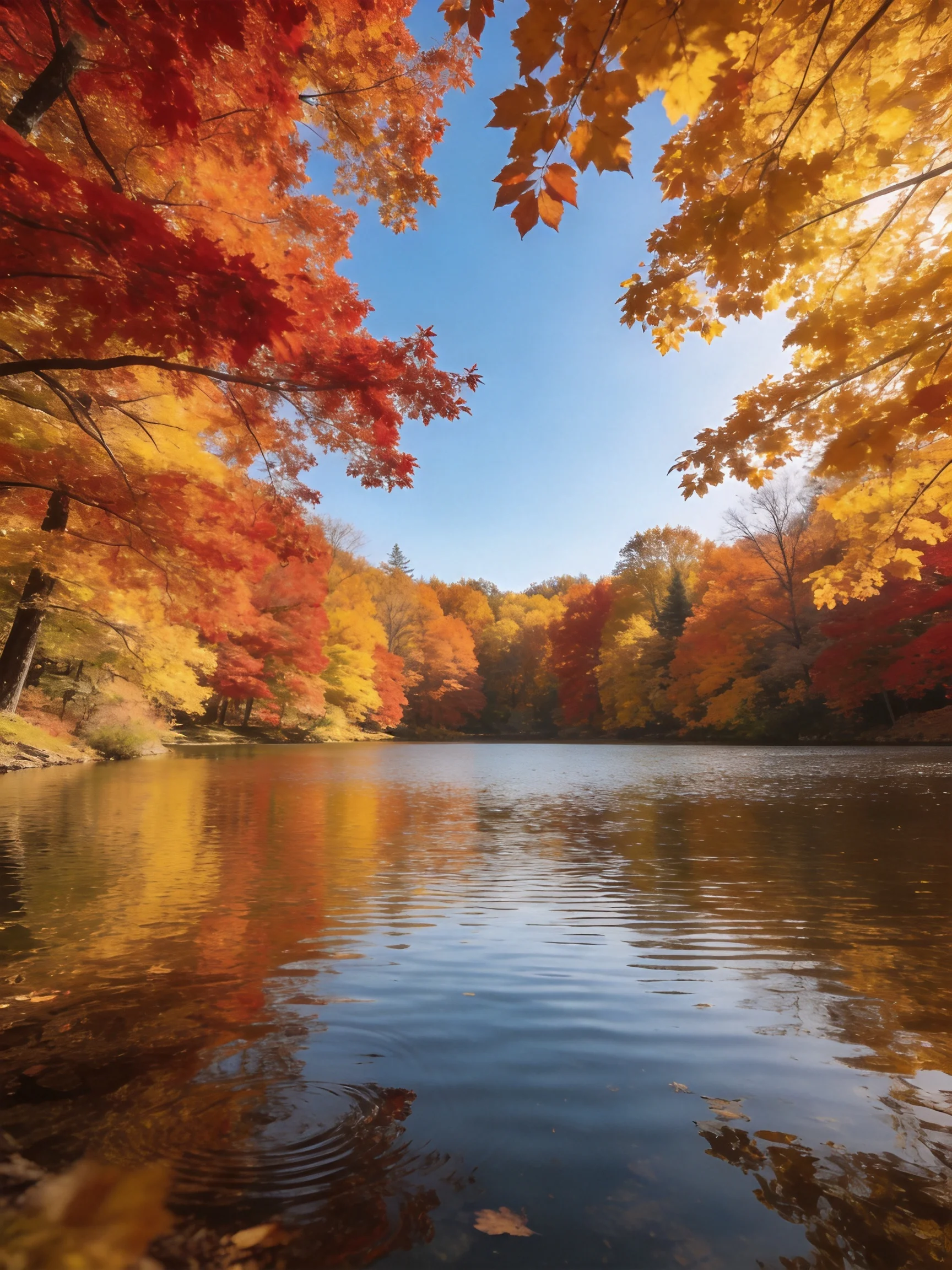 Colorful fall foliage surrounds a serene lake with golden reflections