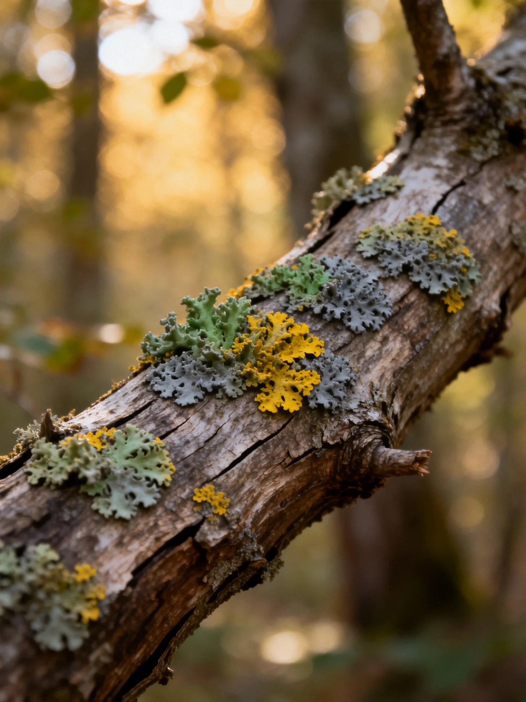 Colorful lichens cover a weathered tree branch in a sunlit forest
