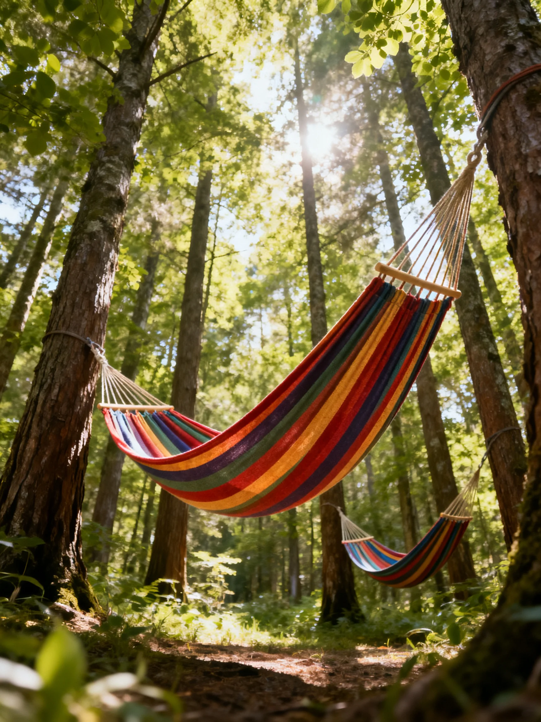 Colorful striped hammocks sway between tall forest trees in sun-dappled woods