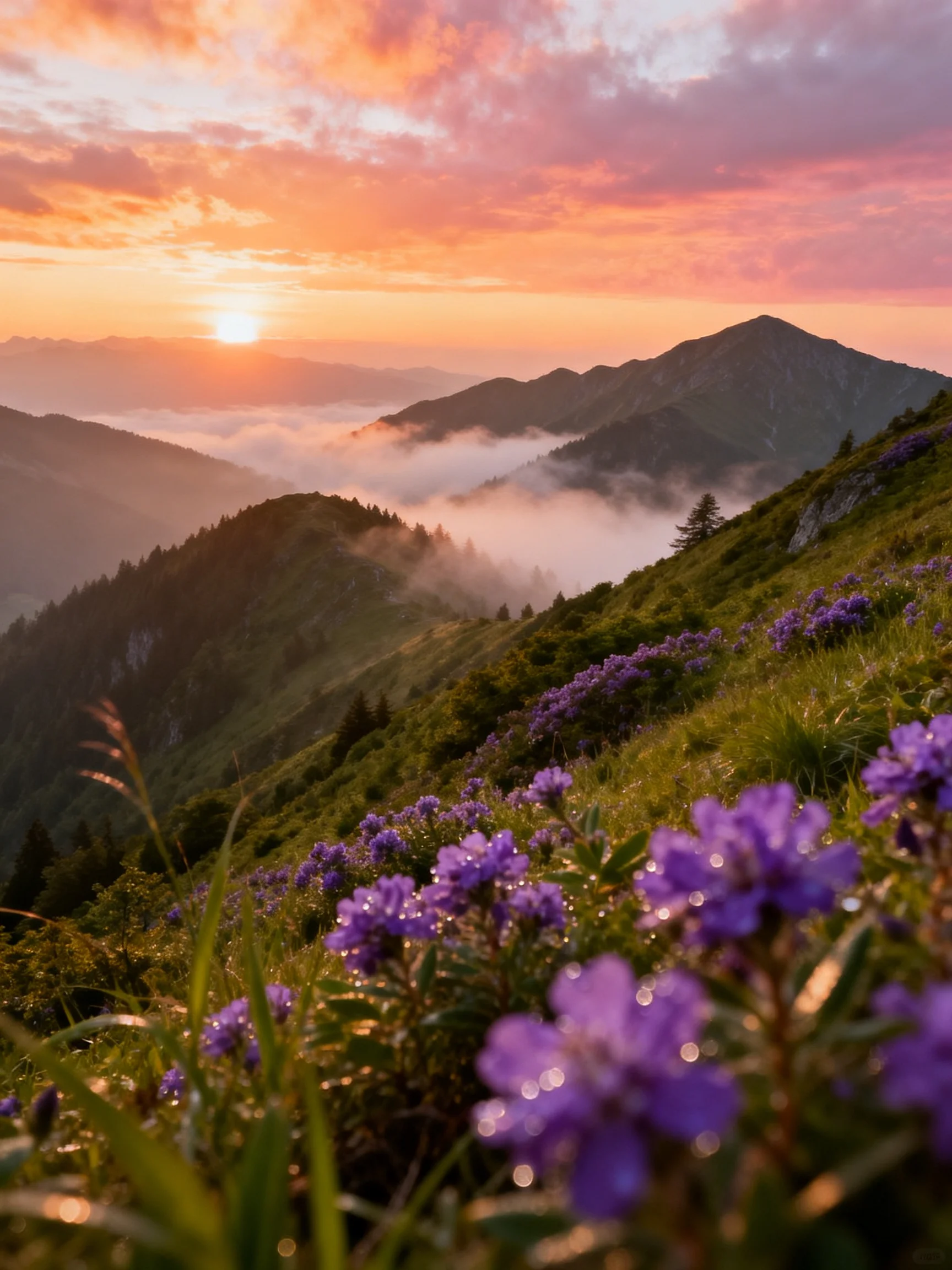 Colorful sunrise over mountain slope with purple wildflowers