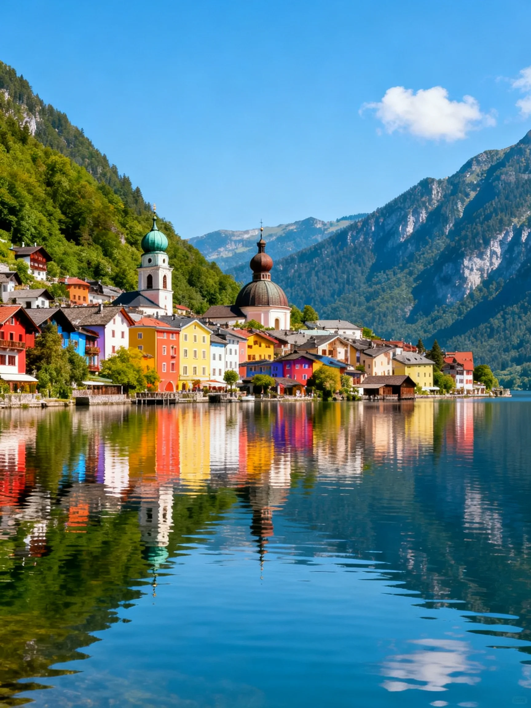 Colorful village buildings reflect in calm lake waters near mountainous backdrop