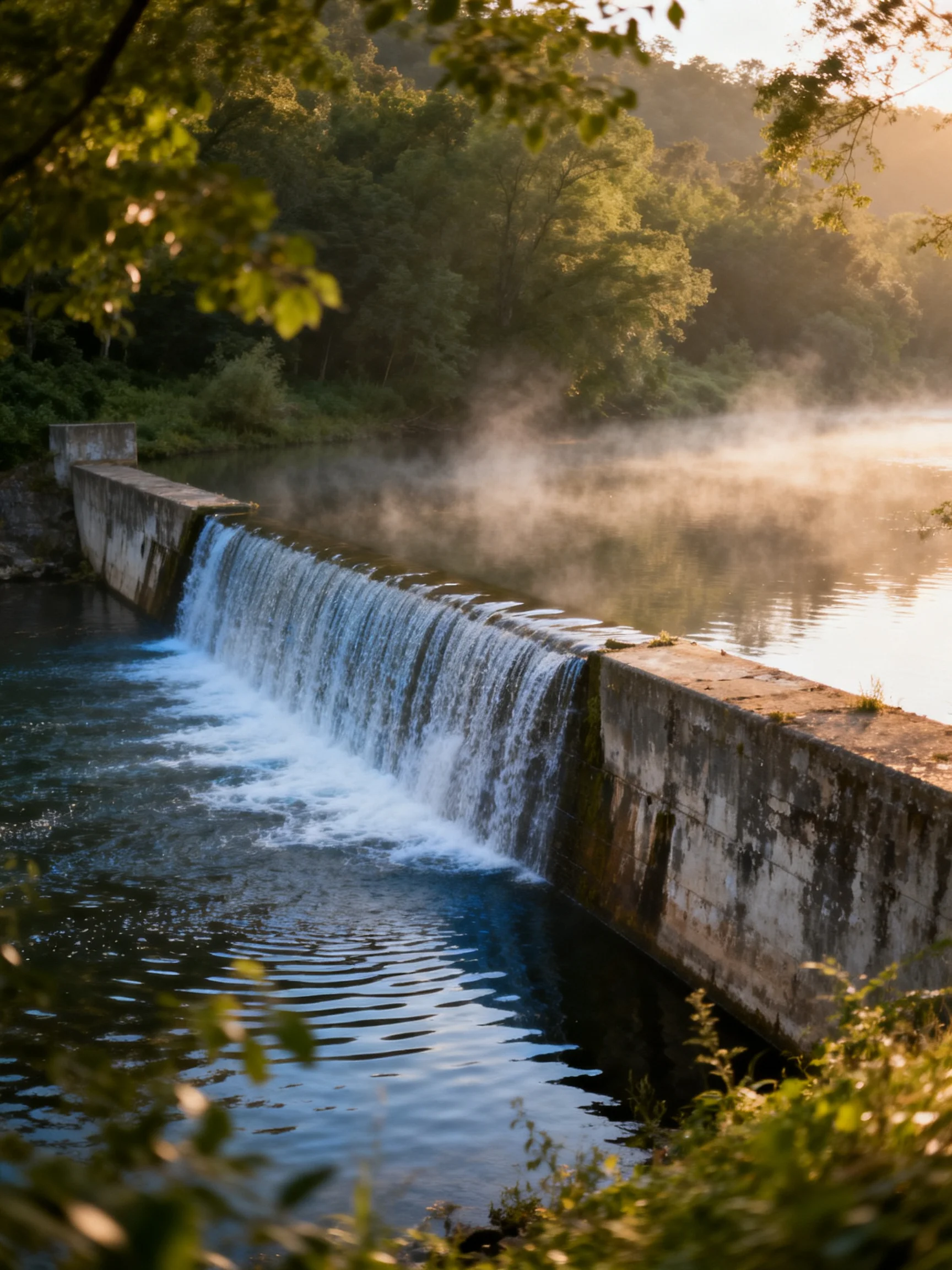 Concrete dam with cascading water, misty morning, forest surroundings