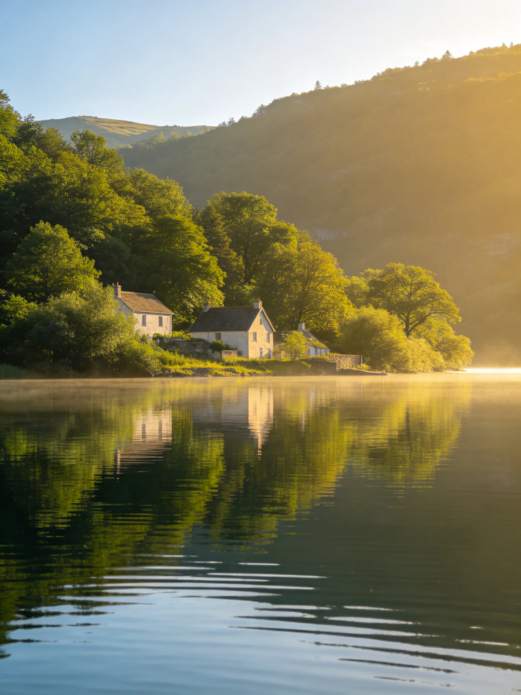 Cottages by a calm lake reflecting green trees under golden light