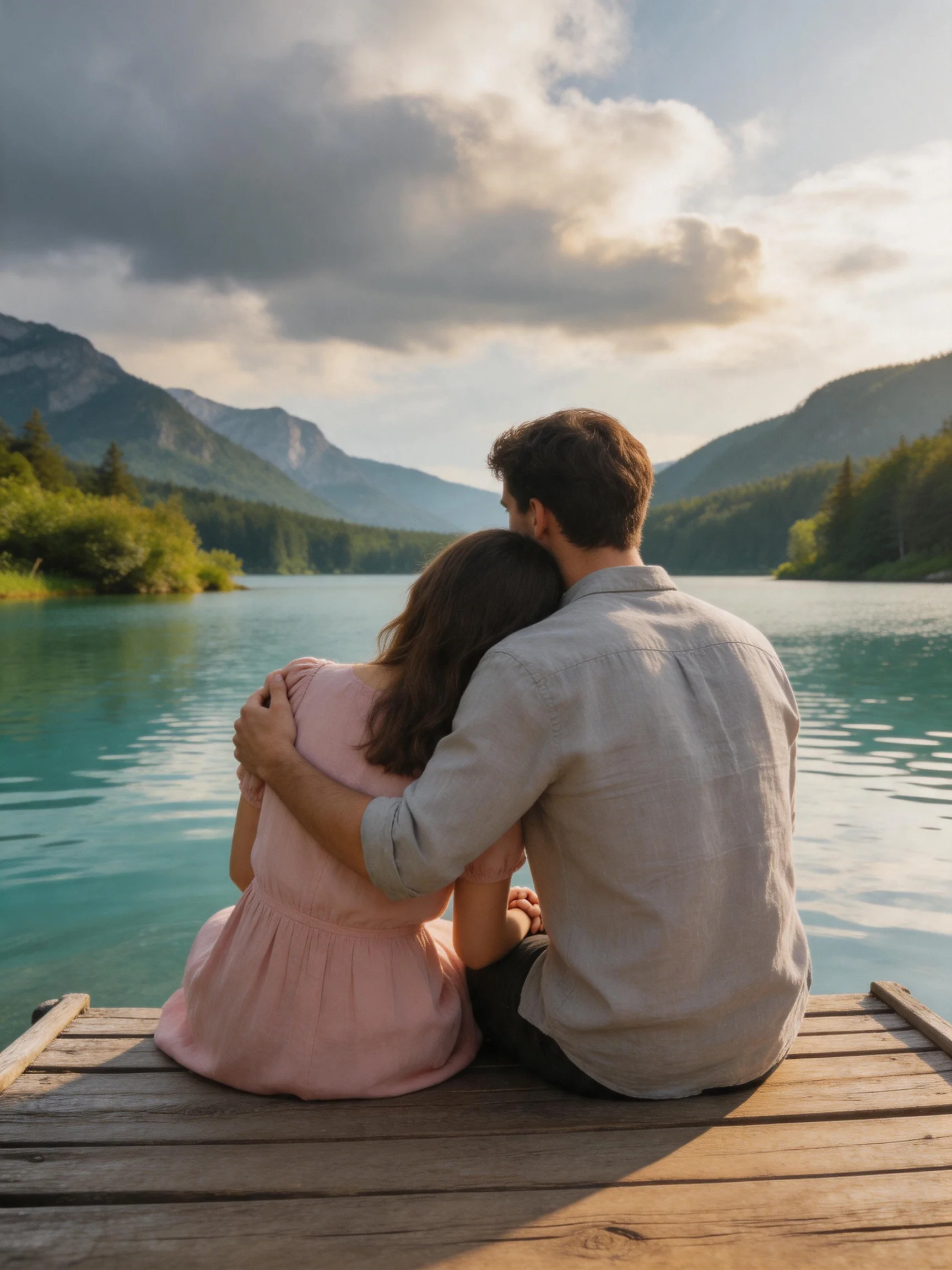 Couple embracing on wooden dock by turquoise lake with mountain backdrop