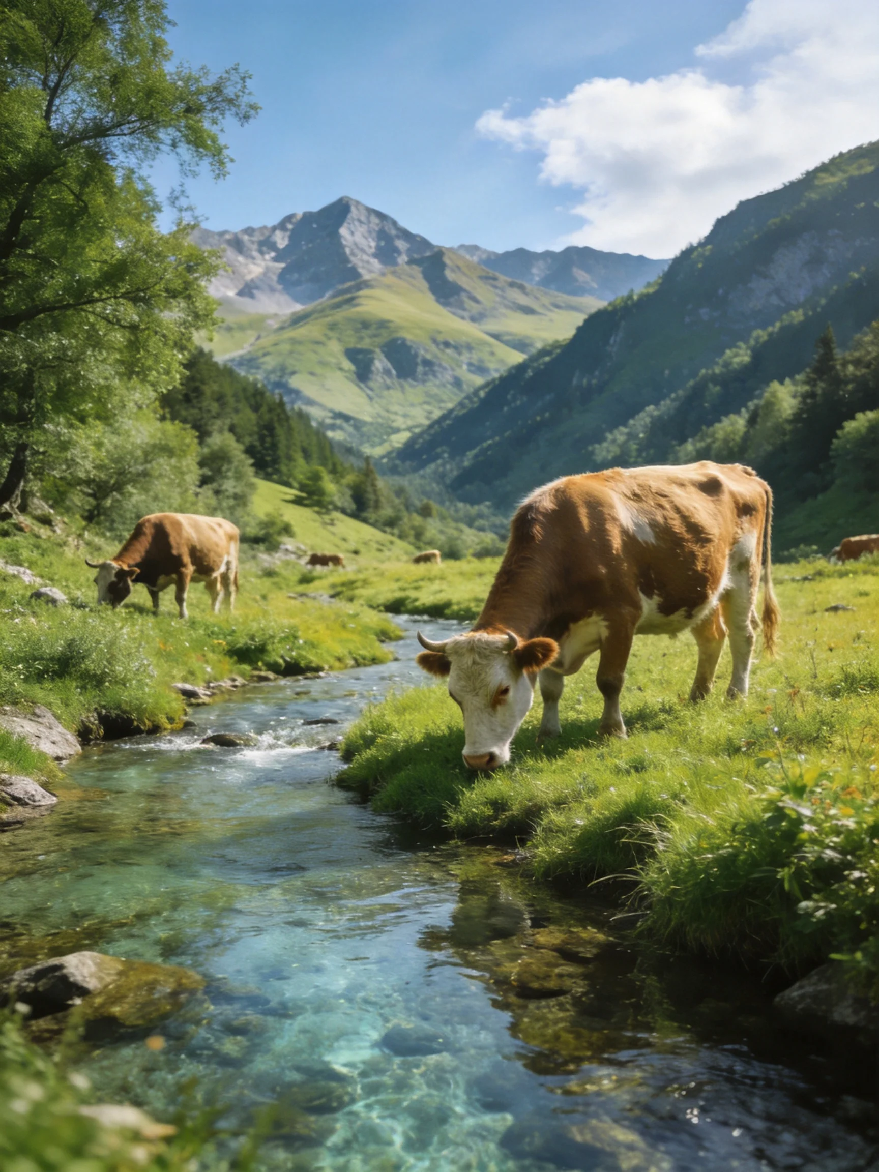 Cows graze beside a crystal - clear stream in a mountainous valley