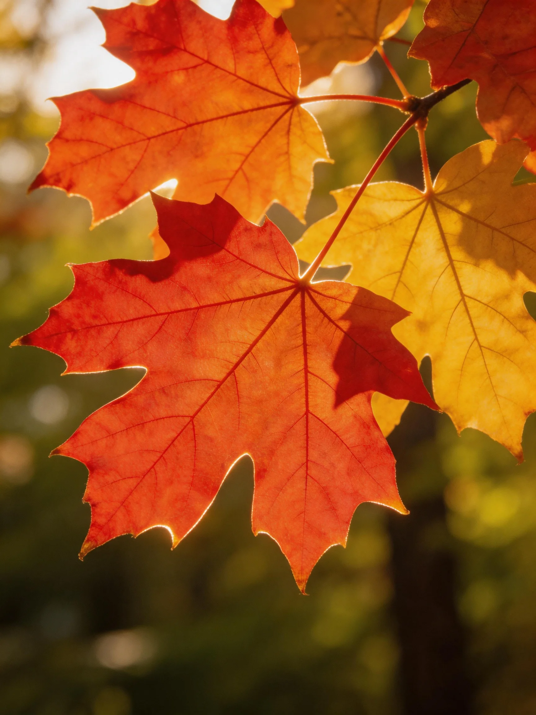 Crimson and golden maple leaves illuminated by warm sunlight