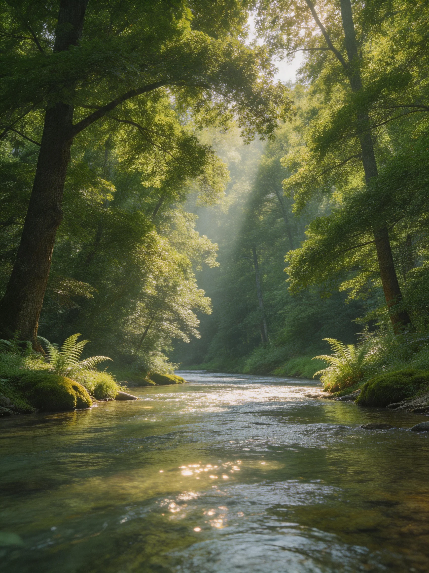 Crystal - clear river winds through dense green forest under sunlight beams