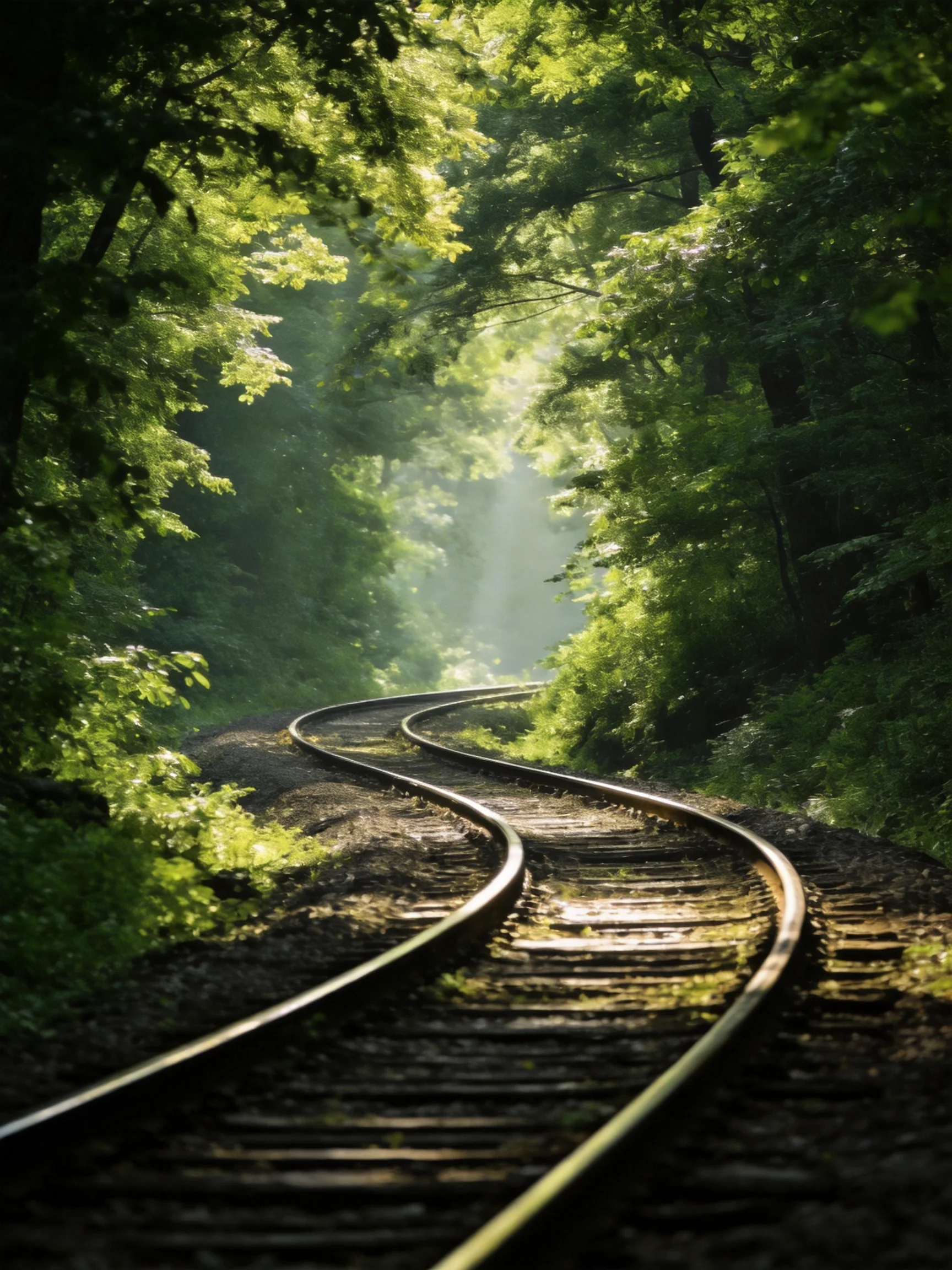 Curved railroad tracks winding through dense green forest with sunlight filtering