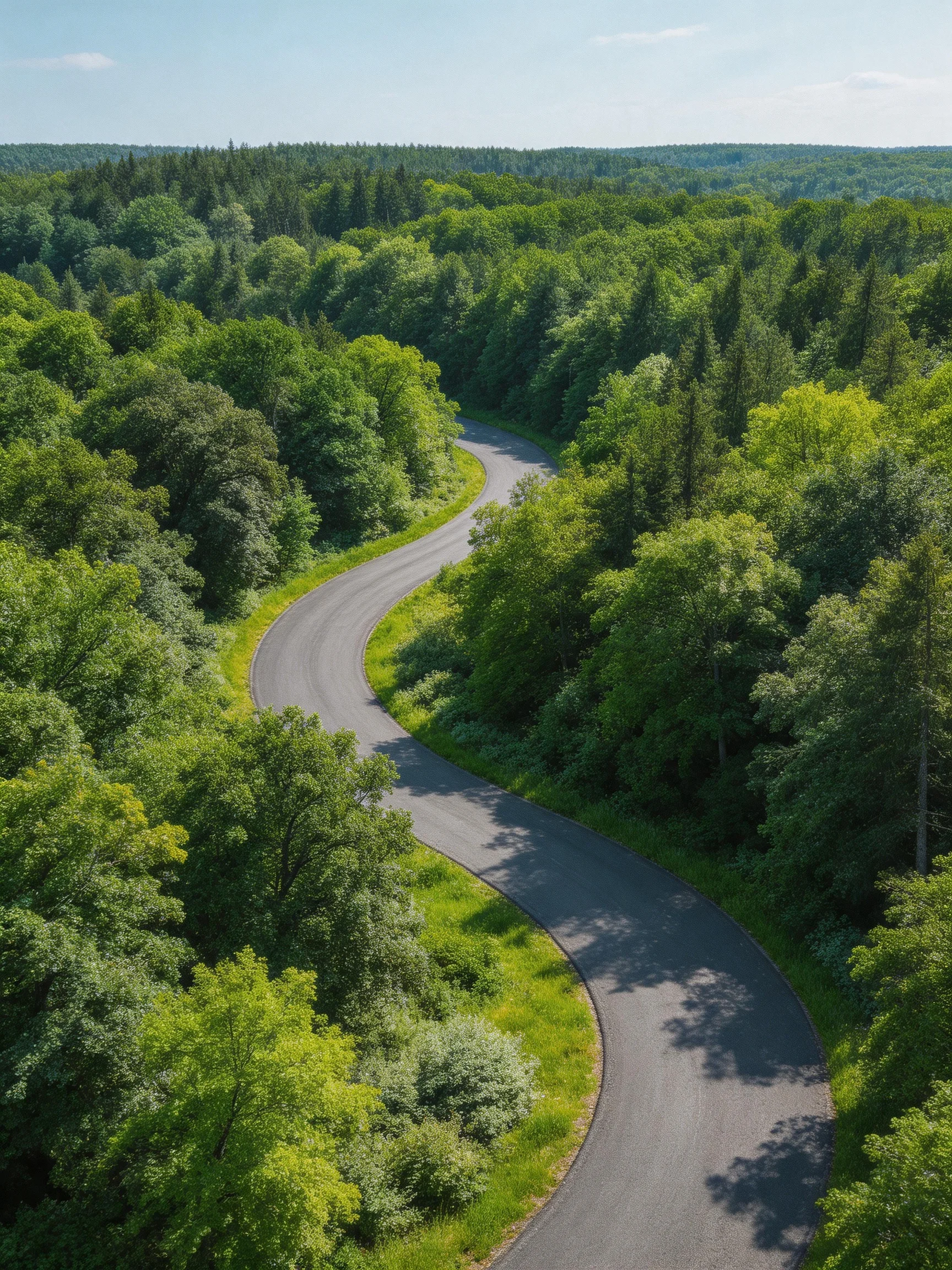 Curving asphalt road winds through dense lush green forests