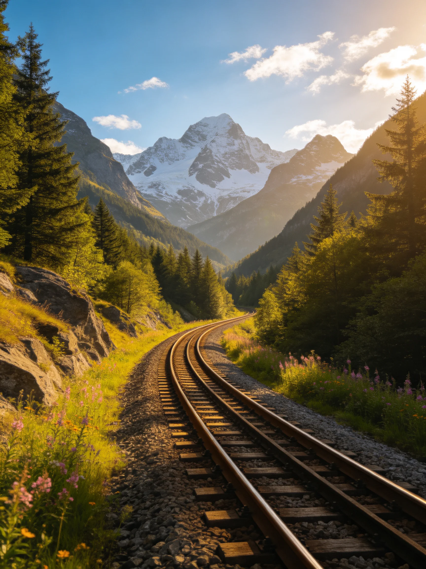 Curving railroad tracks lead toward snow - capped mountains amid lush green forests