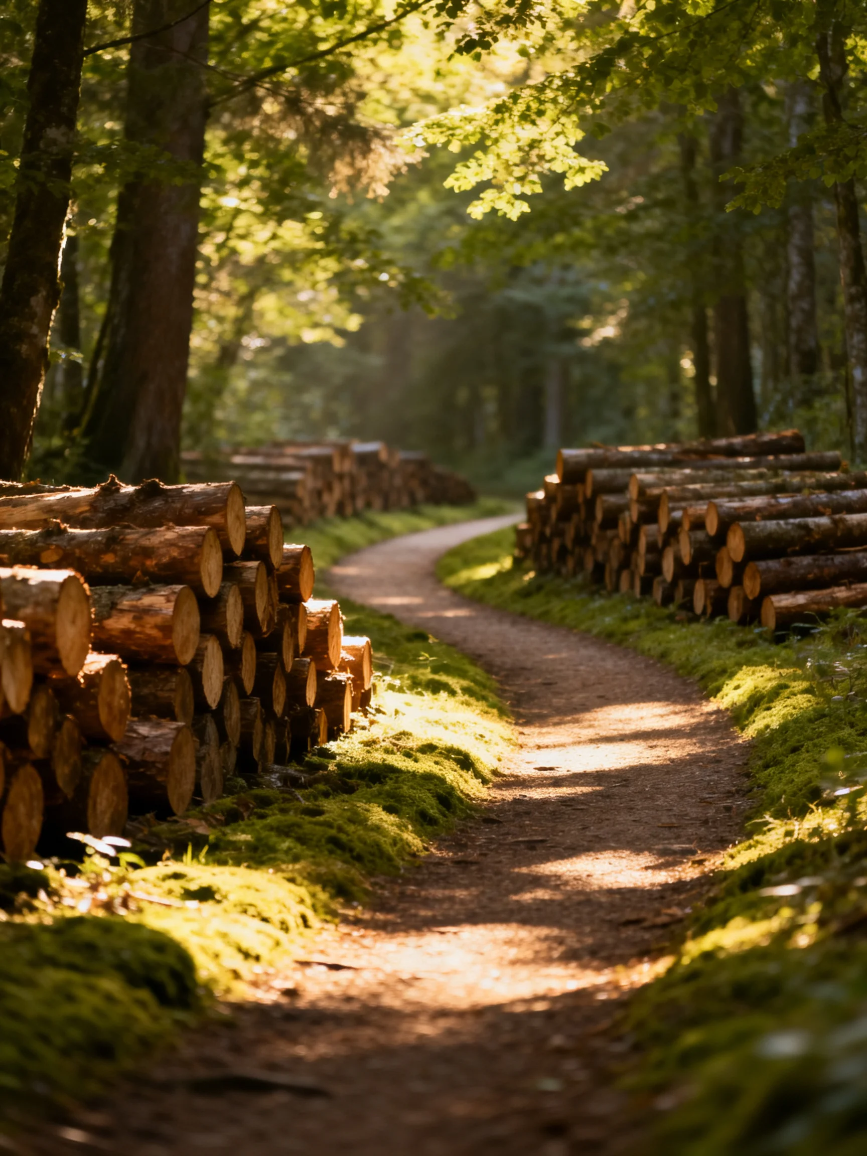 Cut logs are stacked along both sides of a sunlit forest path bordered by moss
