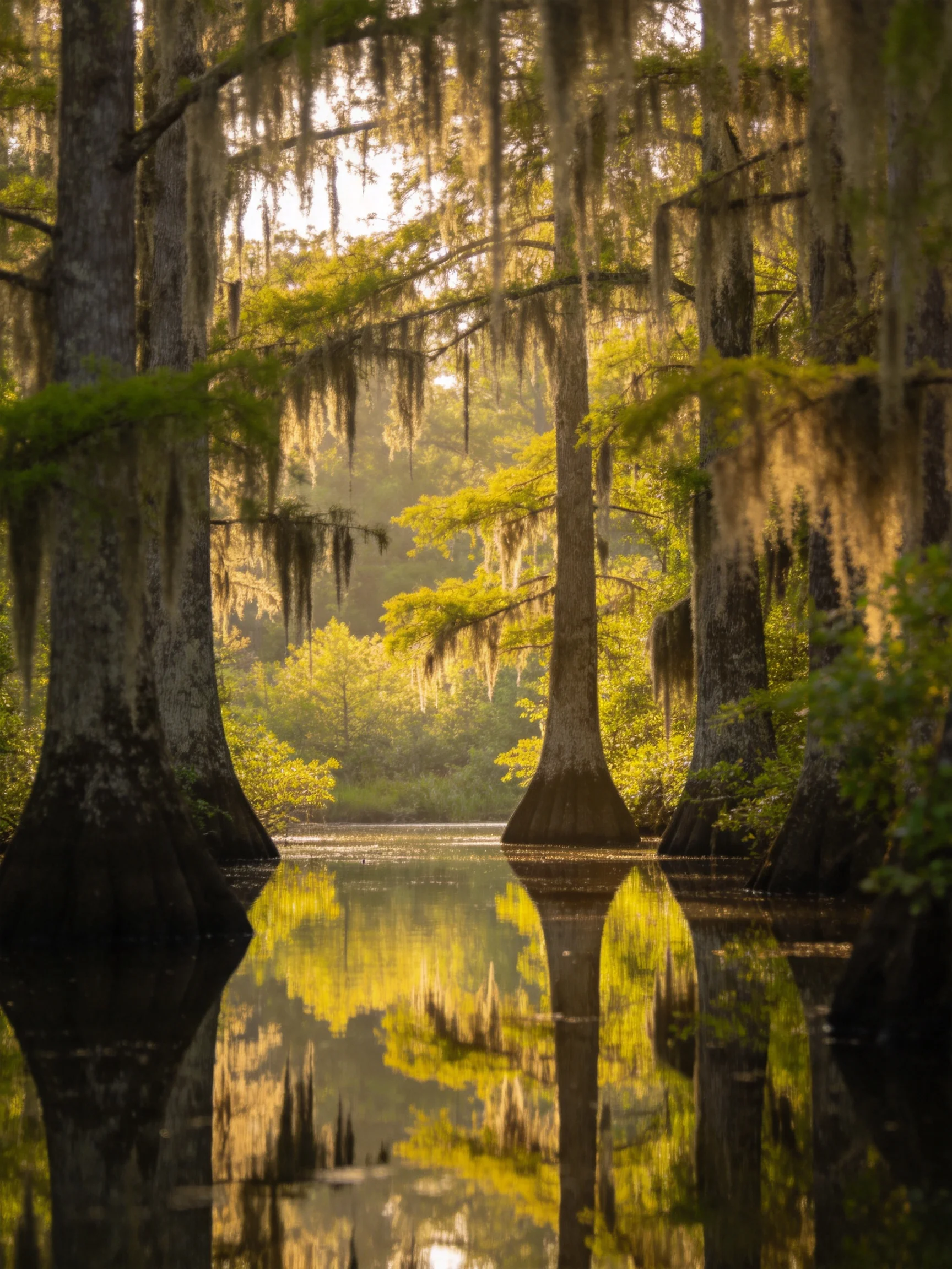 Cypress trees reflect in calm swamp waters with hanging moss