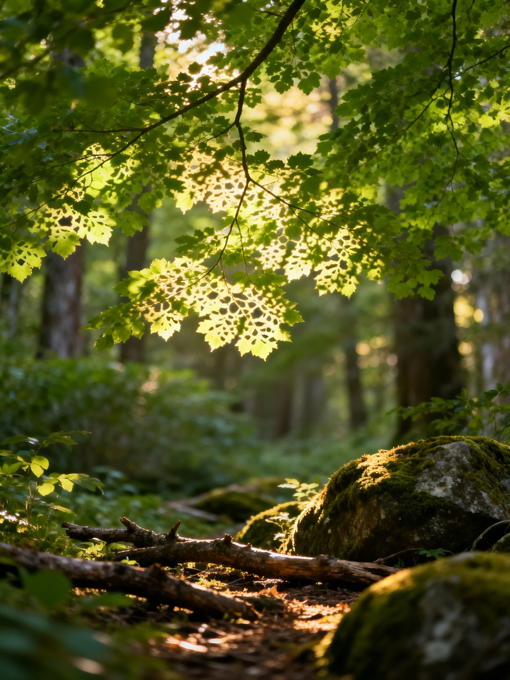 Dappled Sunlight Through Lush Green Canopy with Moss-Covered Rocks
