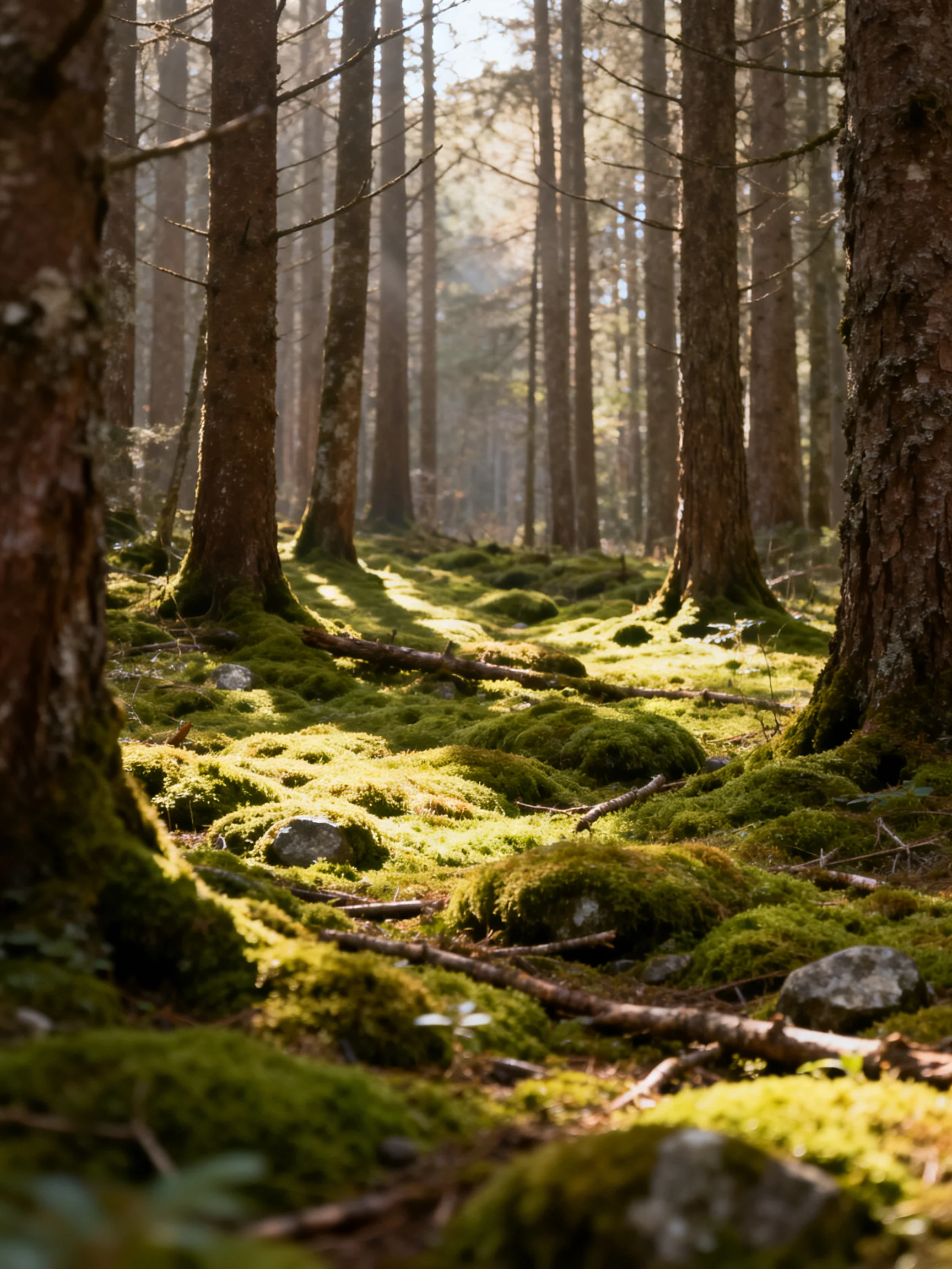 Dappled sunlight illuminates dense forest with vibrant green moss and tall brown trunks