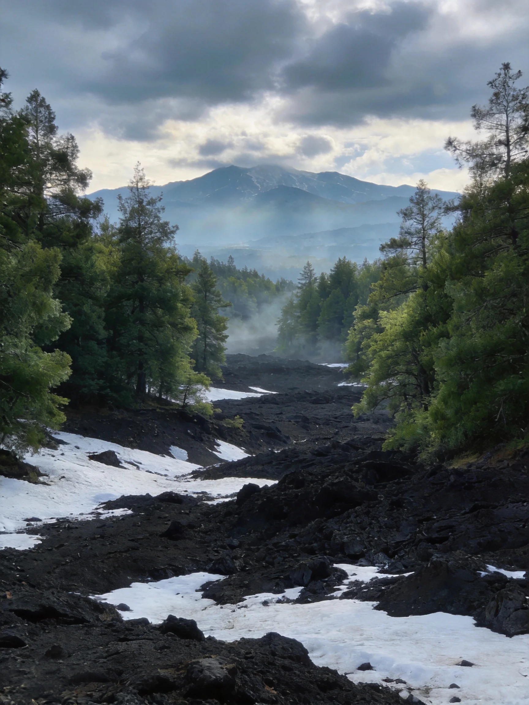 Dark volcanic terrain with green forests, snow patches, and misty mountains