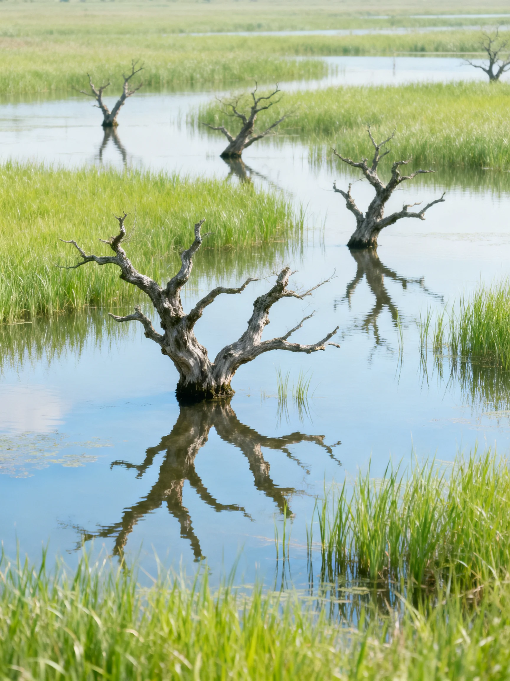 Dead trees stand in calm blue waters among lush green marsh grasses