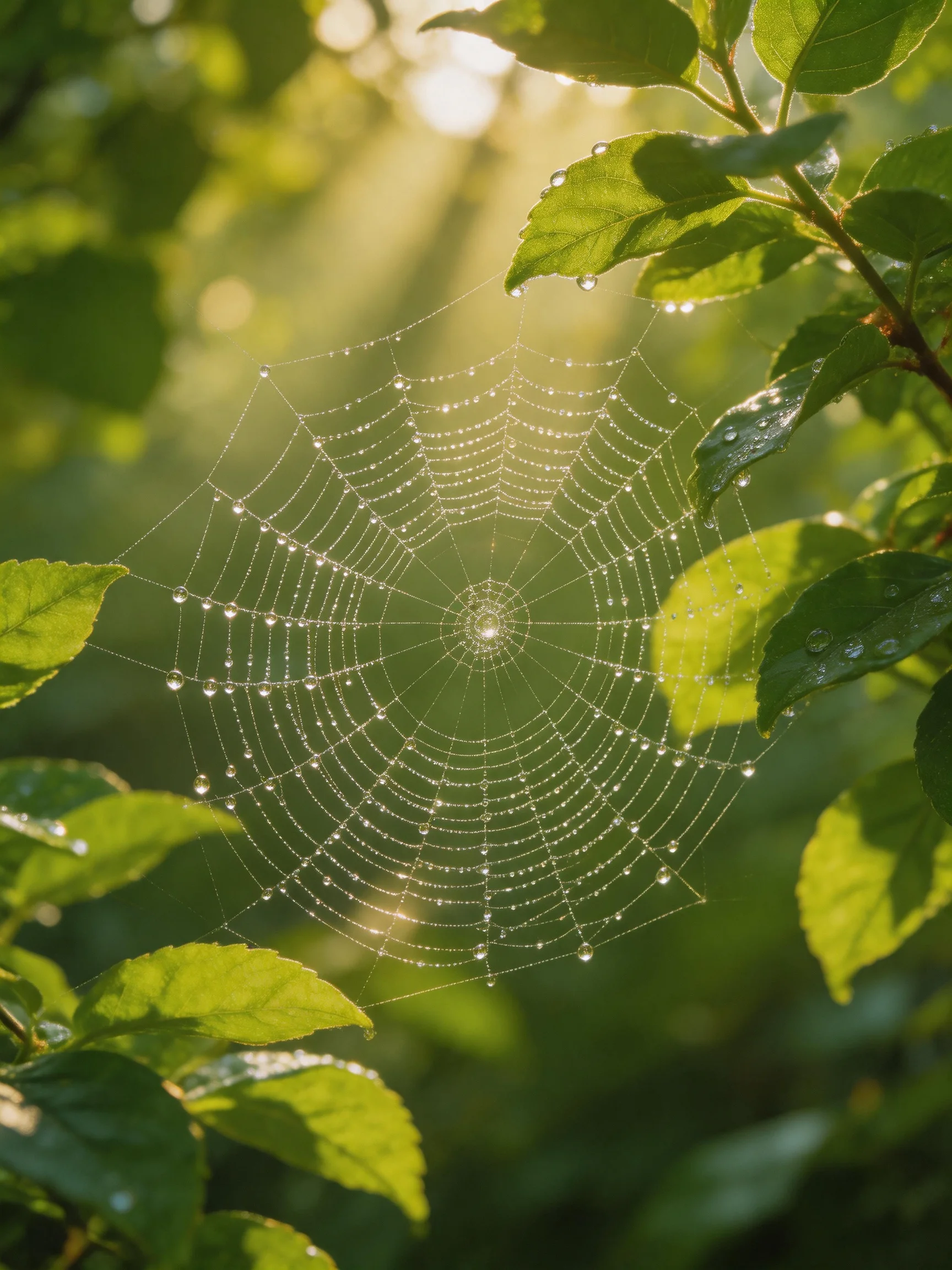 Delicate Spider Web Covered by Dew Drops Among Green Leaves