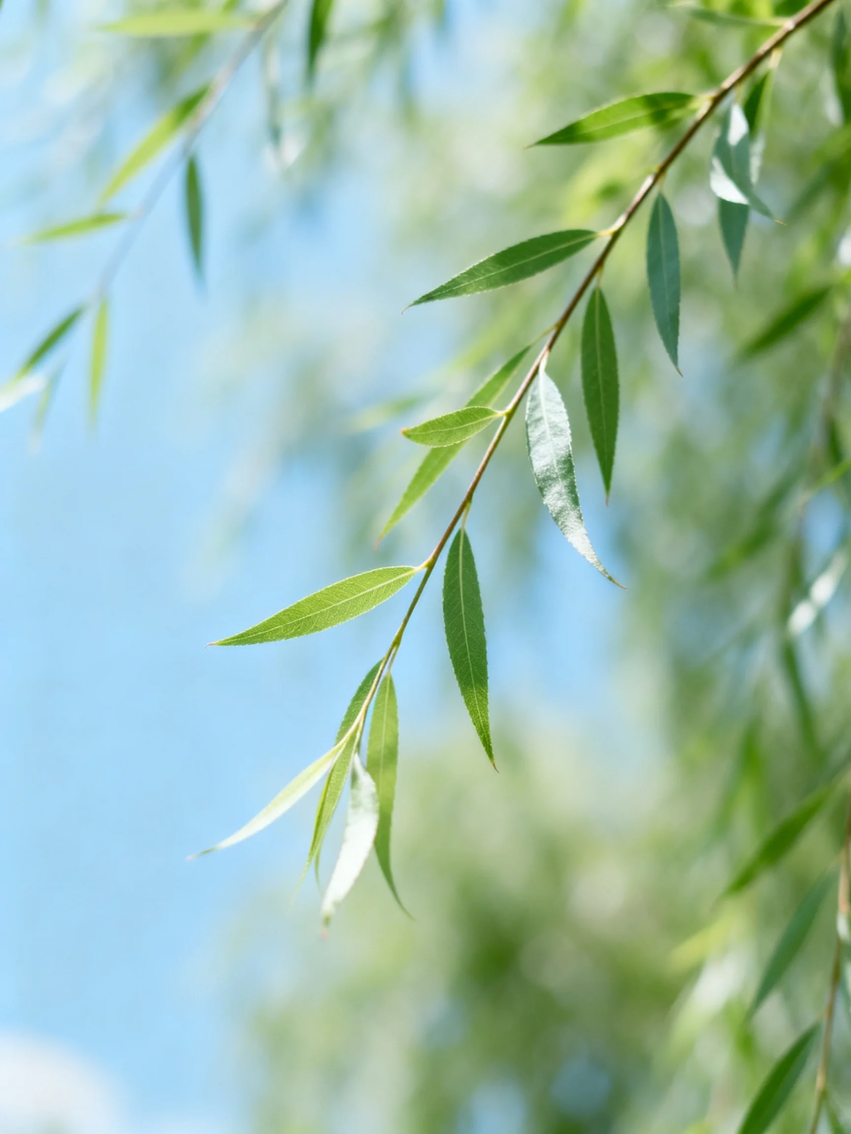 Delicate green willow leaves reaching toward a bright blue sky