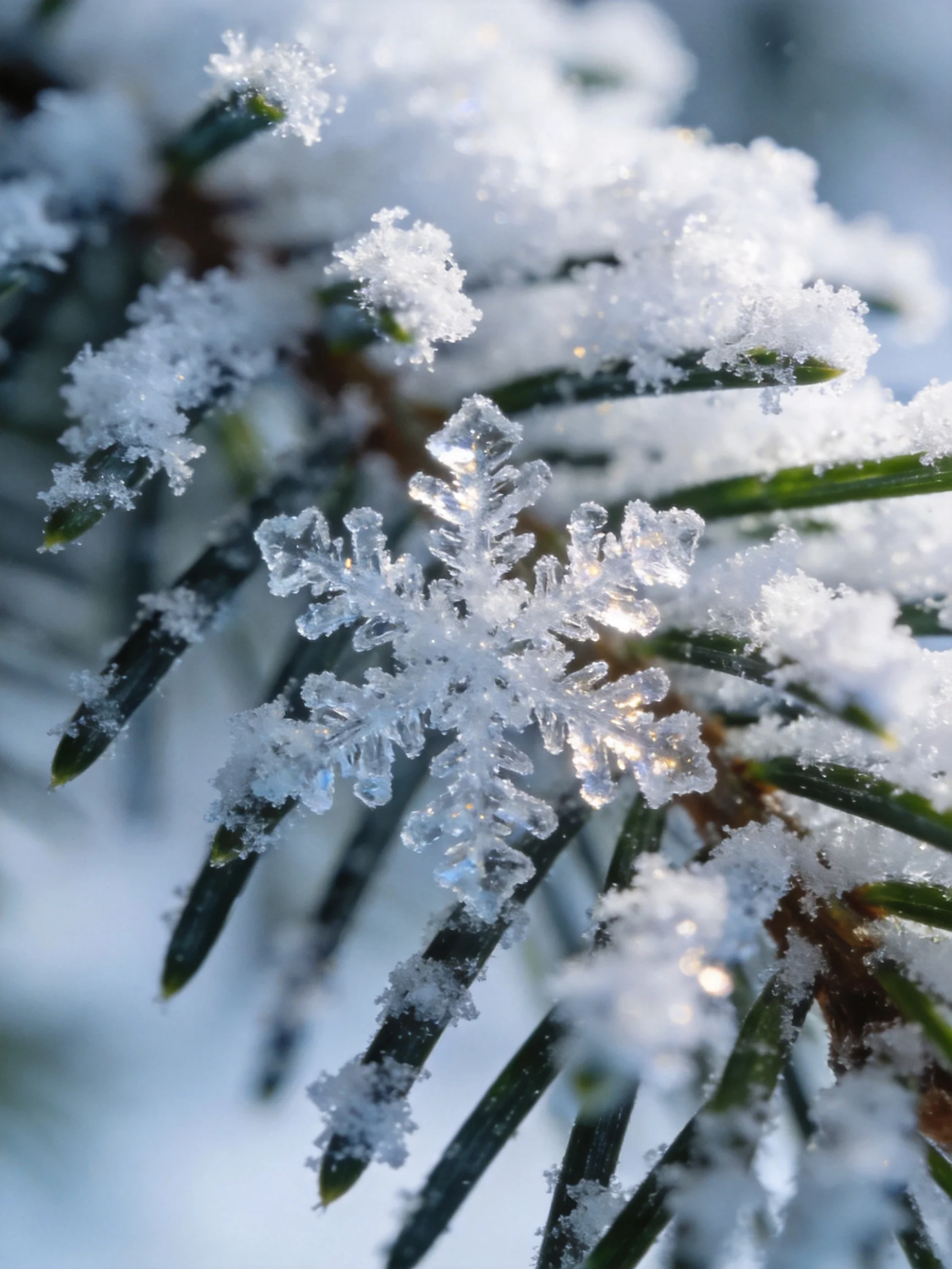 Delicate ice crystals coat vibrant evergreen branches with fresh snow