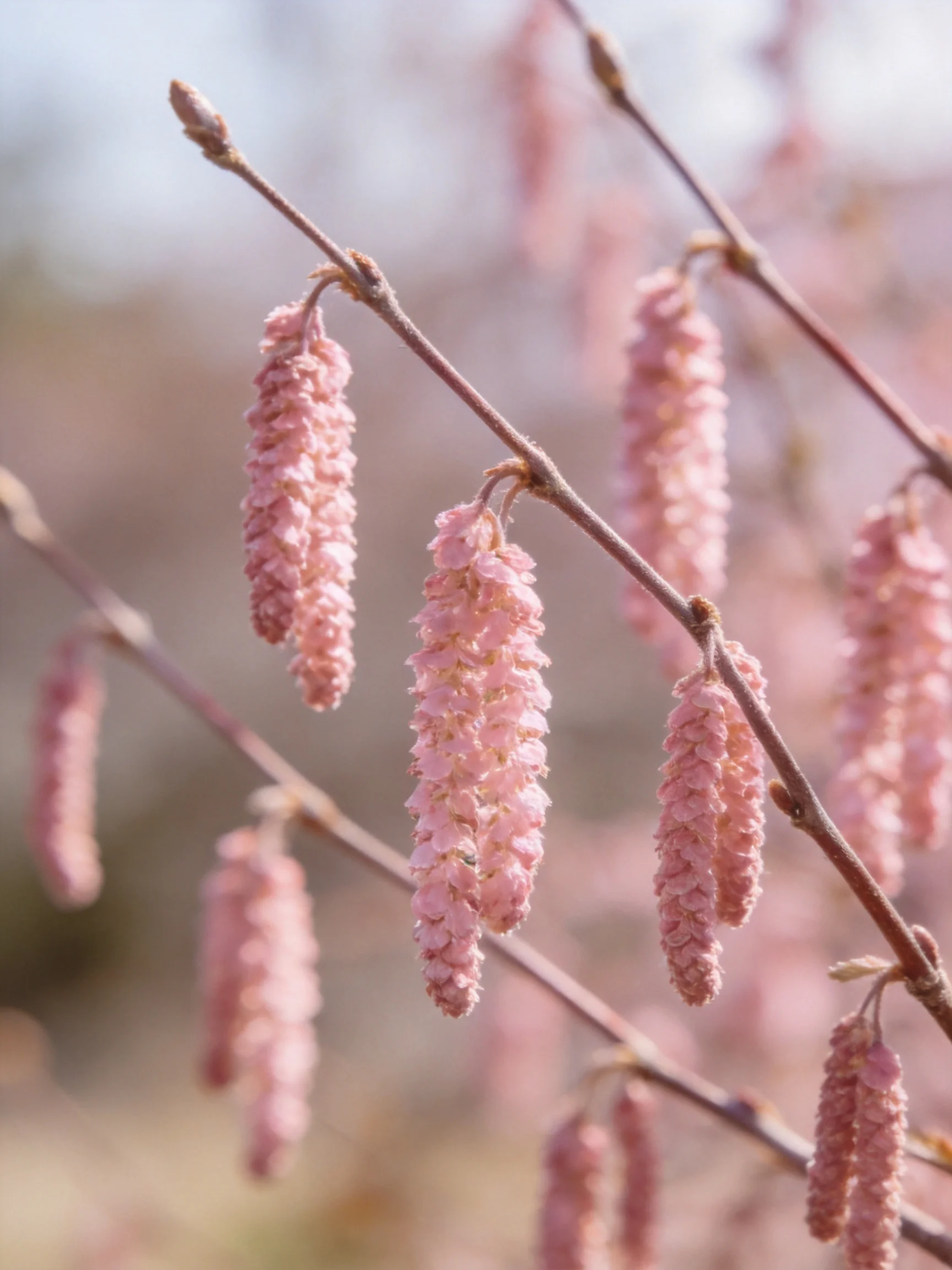 Delicate pink flower clusters hang from slender branches