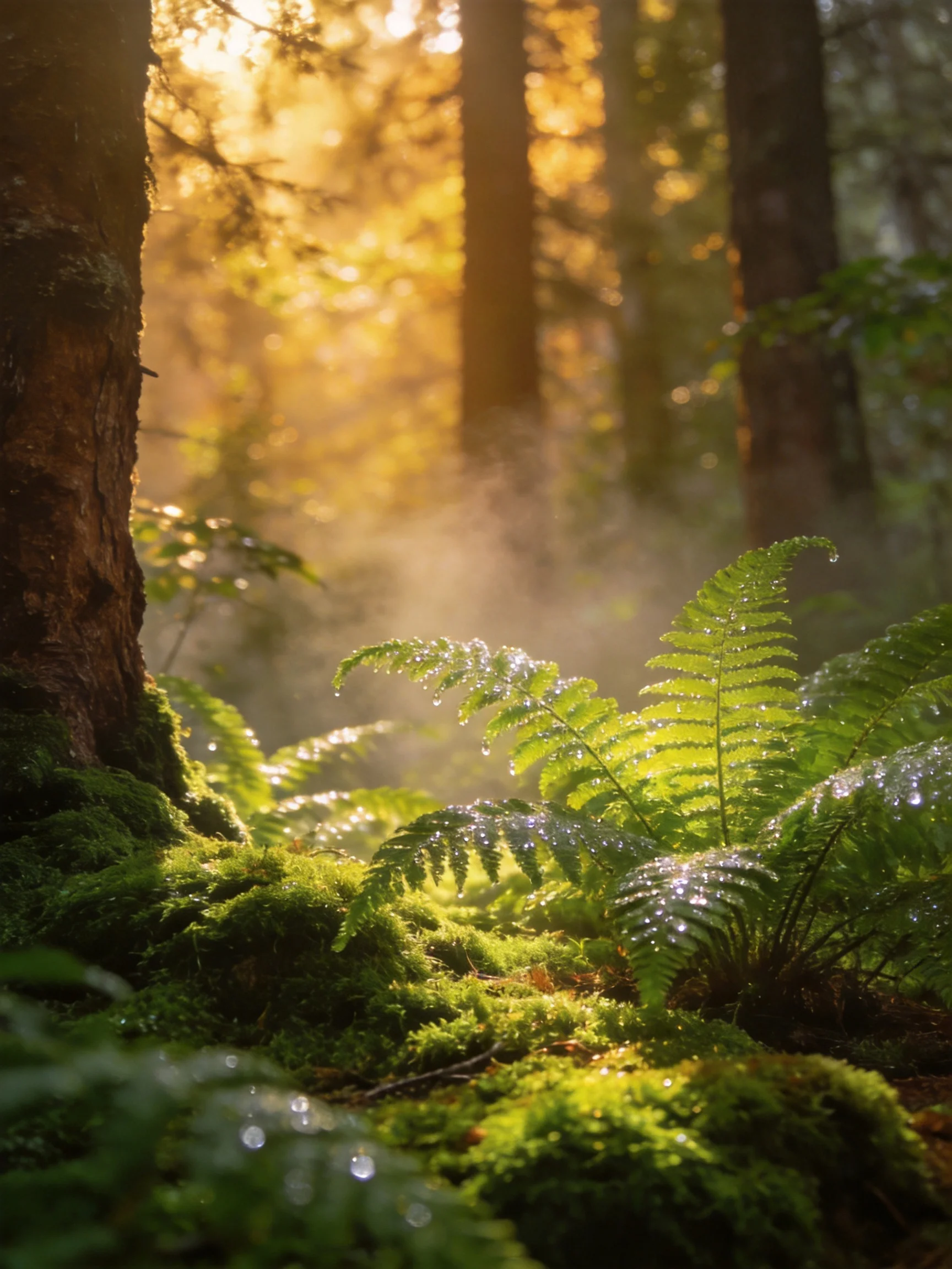 Dense Forest with Ferns and Moss Under Golden Sunlight