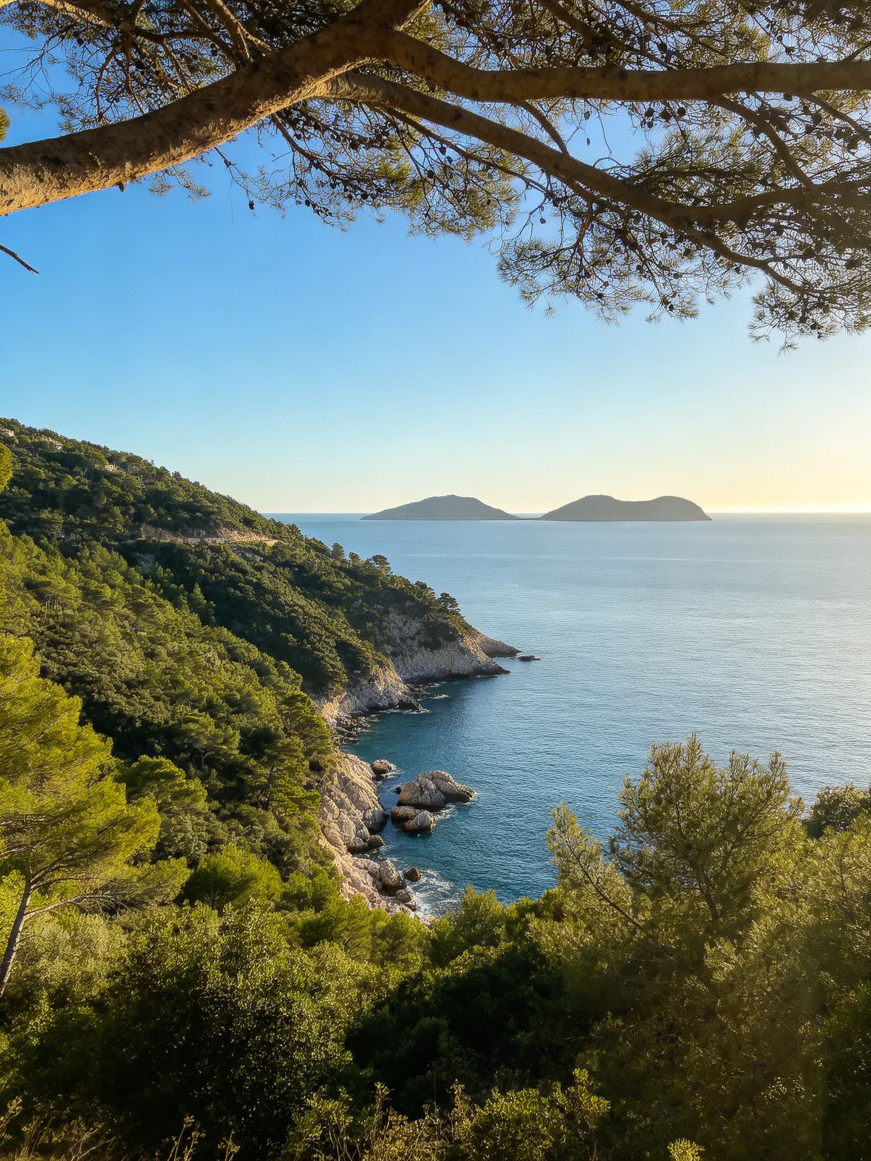 Dense Forested Hills Overlooking Calm Blue Waters and Twin Islands