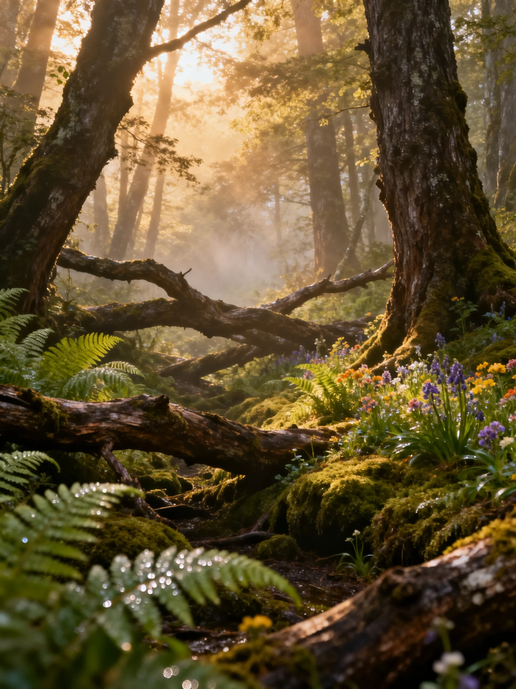 Dense Misty Forest with Ancient Trees and Colorful Undergrowth
