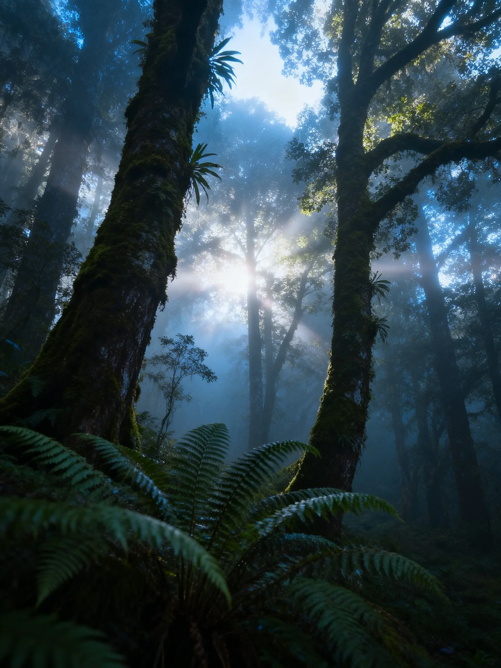 Dense Misty Forest with Sunlight Beams Through Ancient Trees