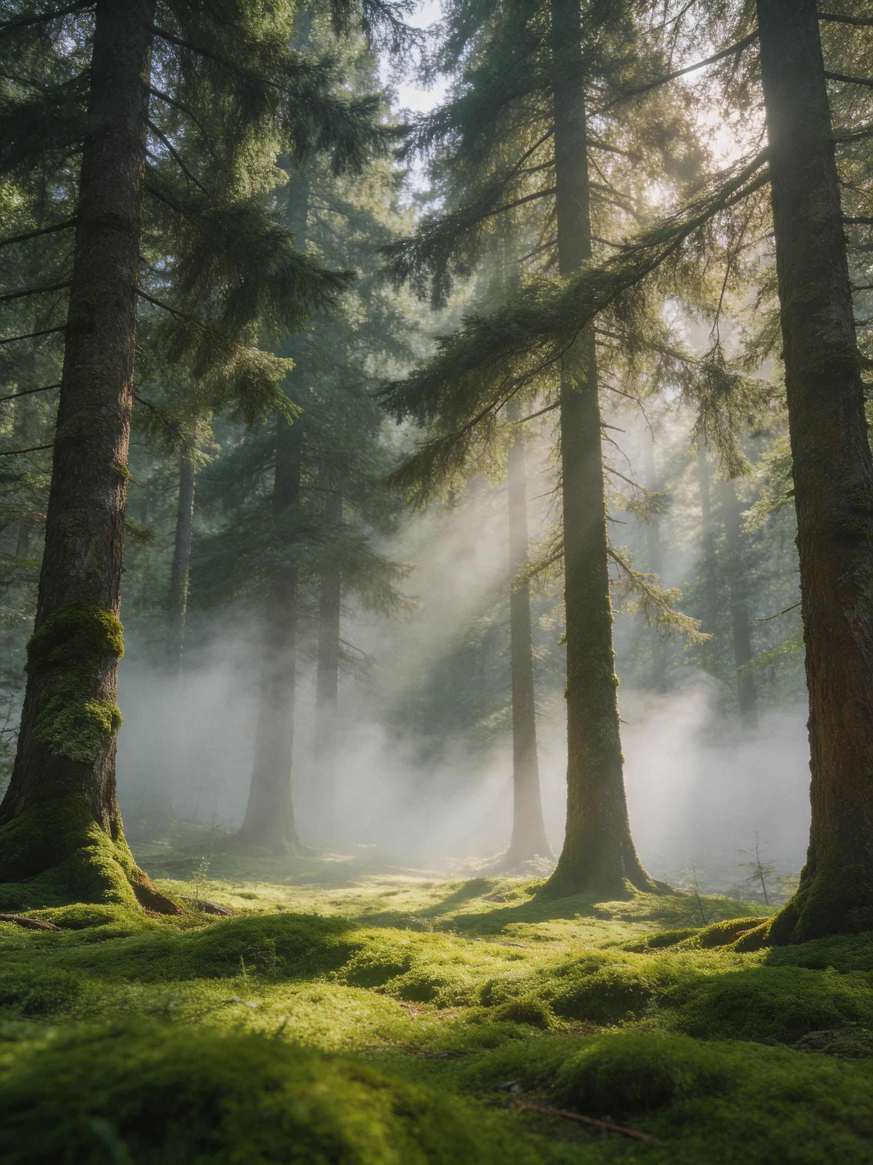 Dense Misty Forest with Tall Evergreen Trees and Mossy Floor