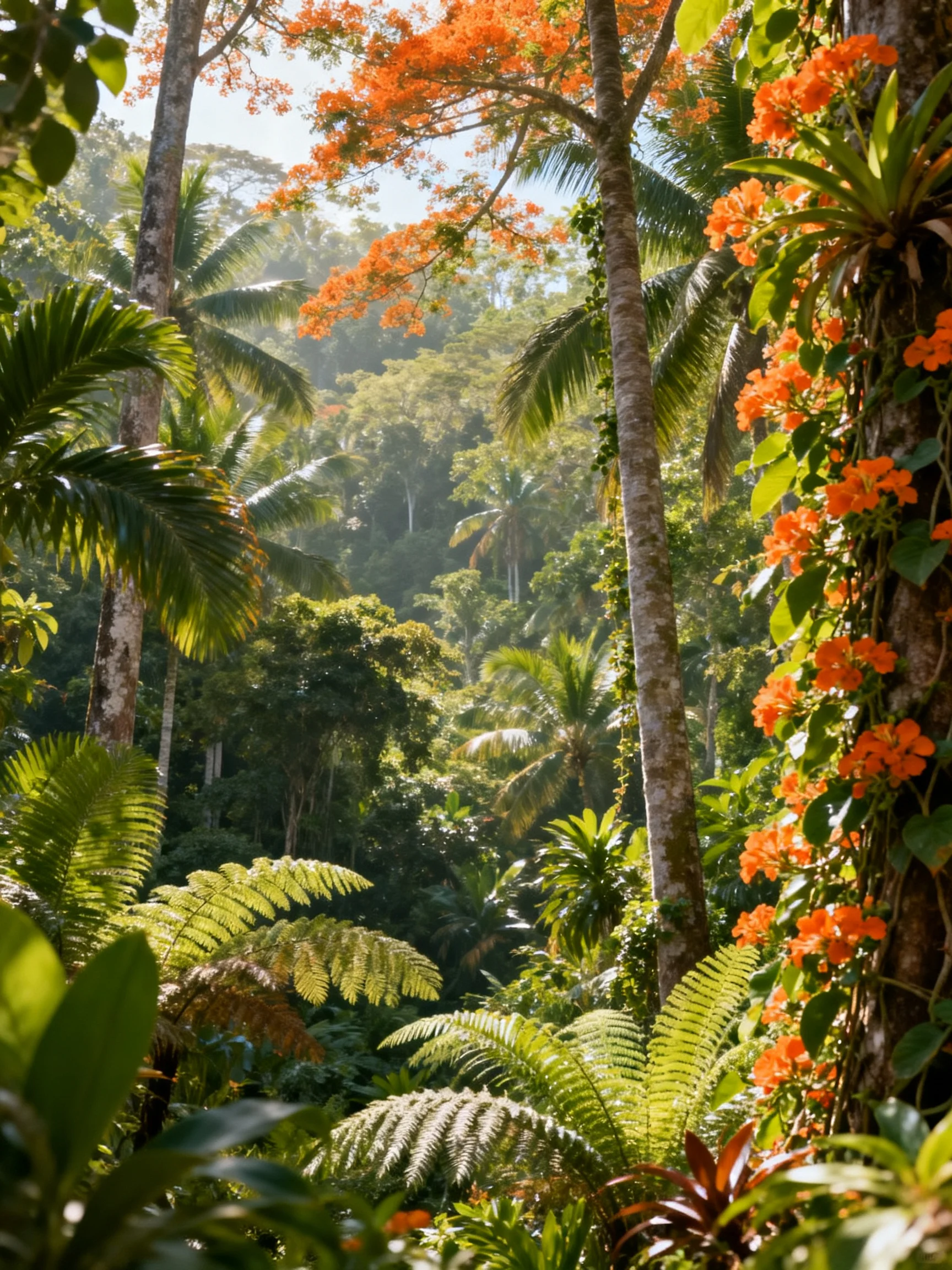 Dense Tropical Jungle with Bright Orange Blooms and Lush Greenery