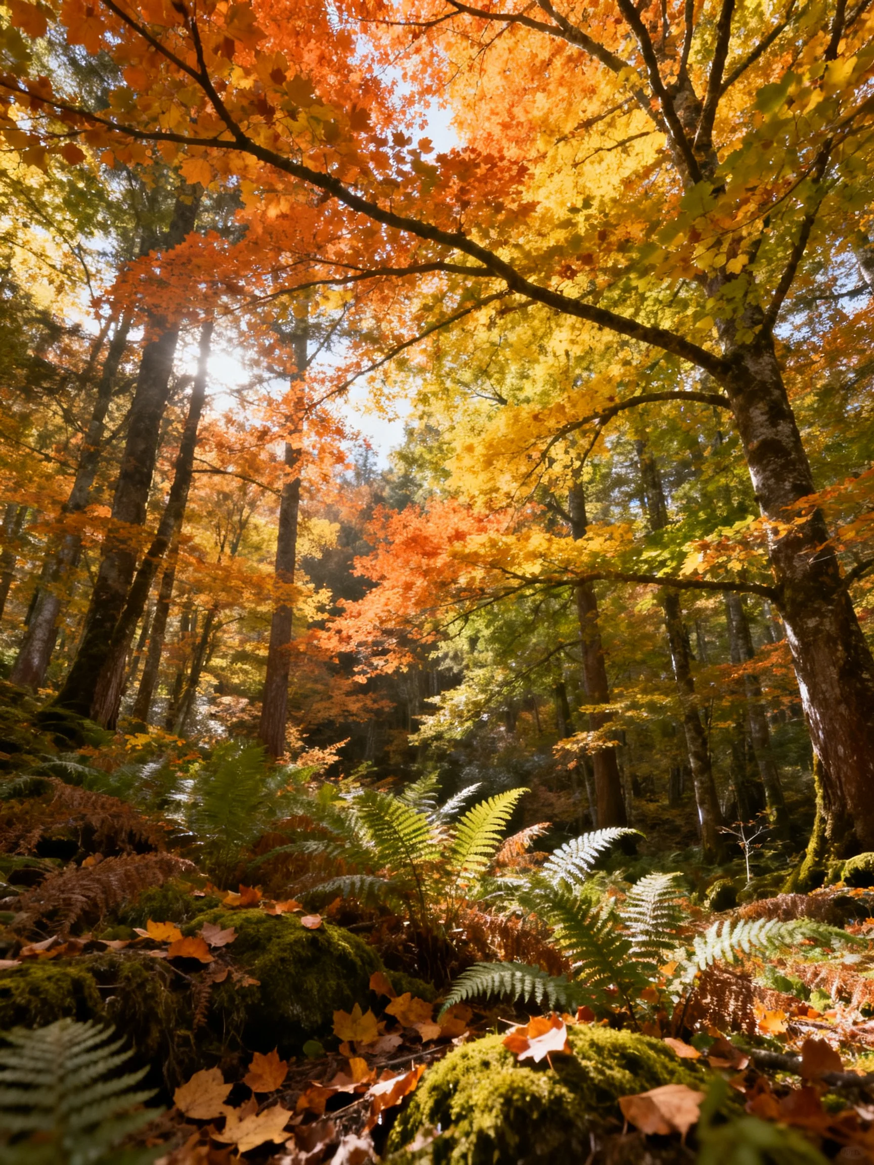 Dense autumn forest with golden, orange, and green foliage