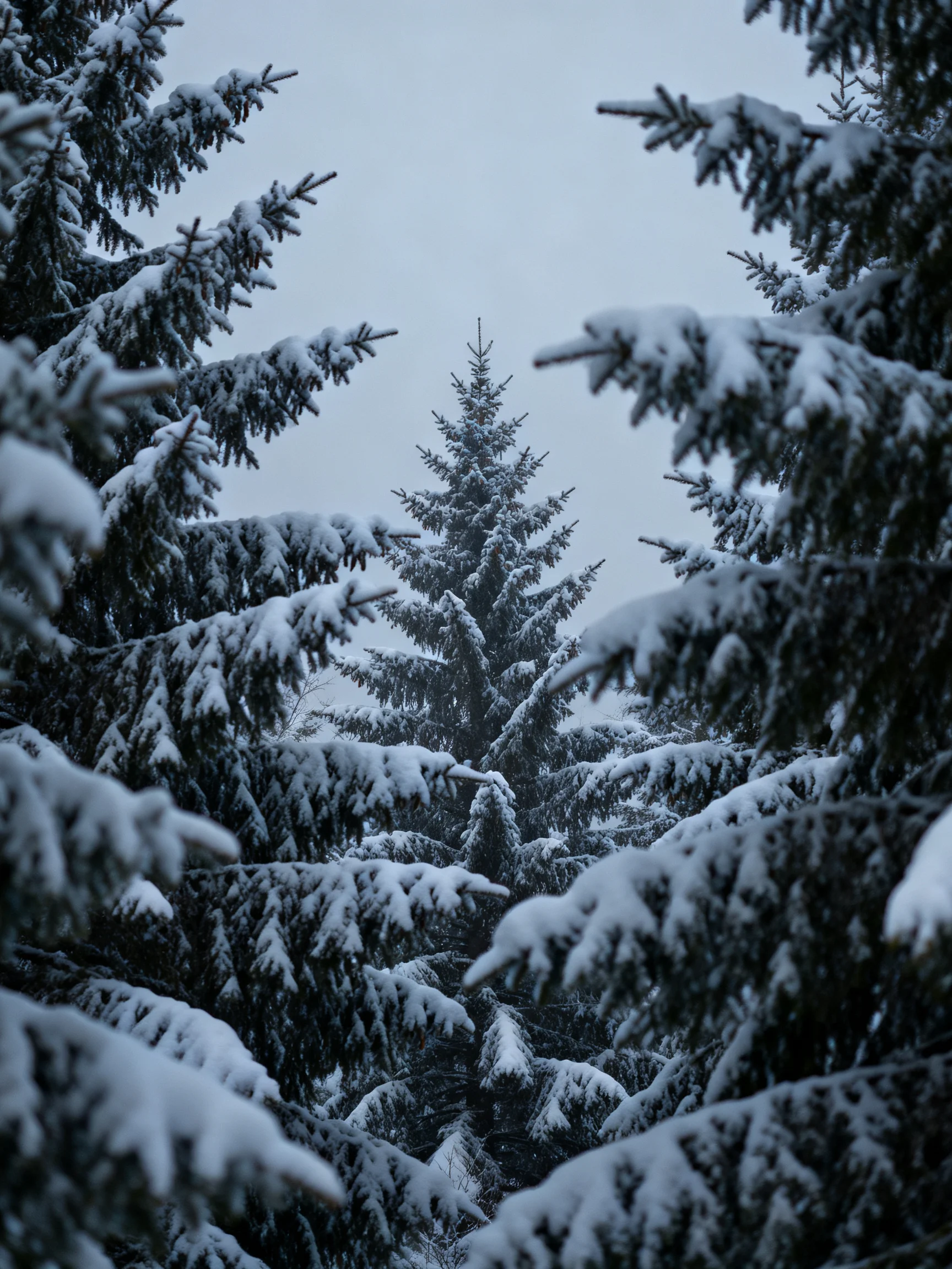 Dense cluster of snow-covered evergreen trees in winter
