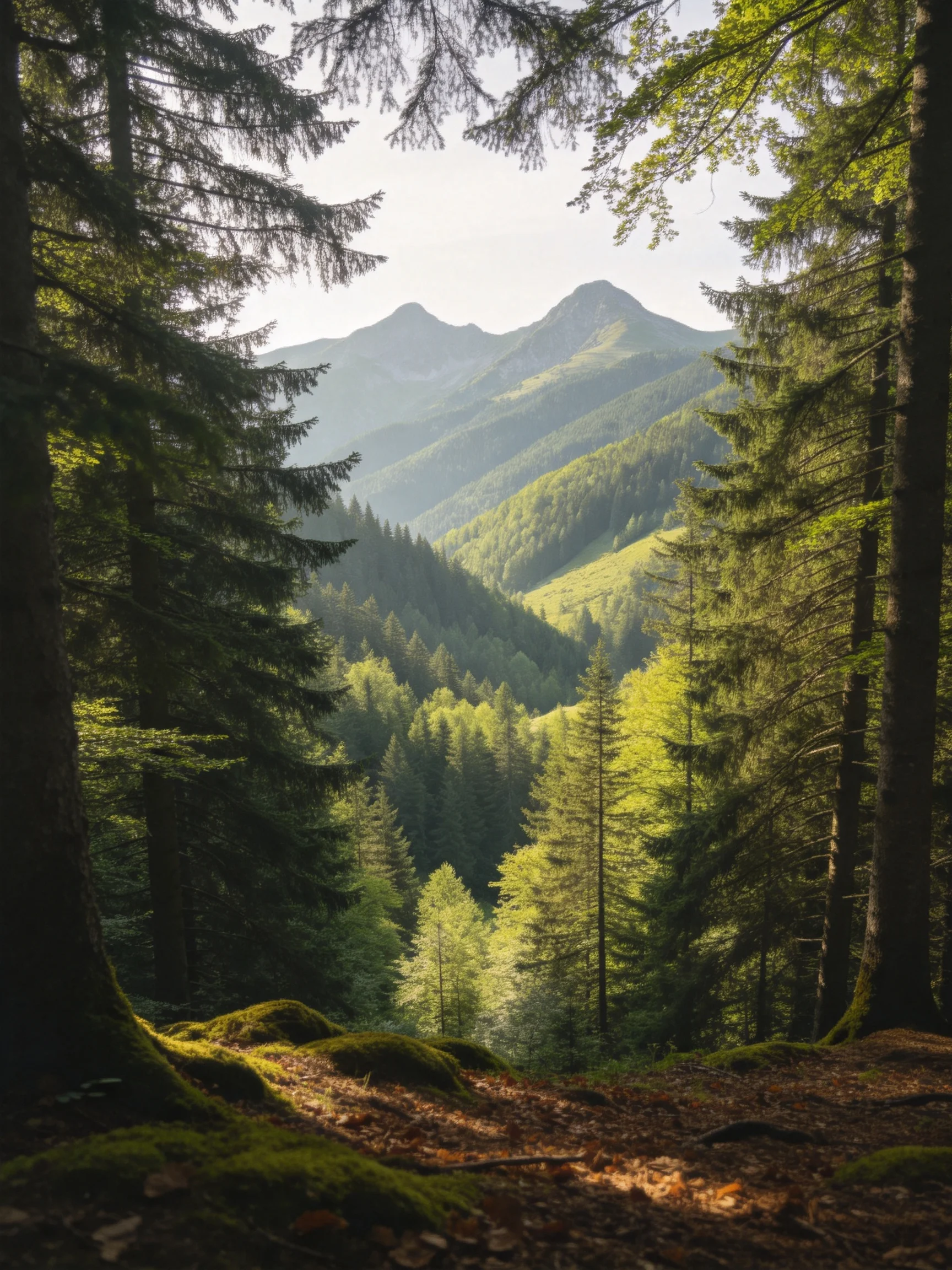 Dense evergreen forest with mossy ground overlooks misty mountain ridges