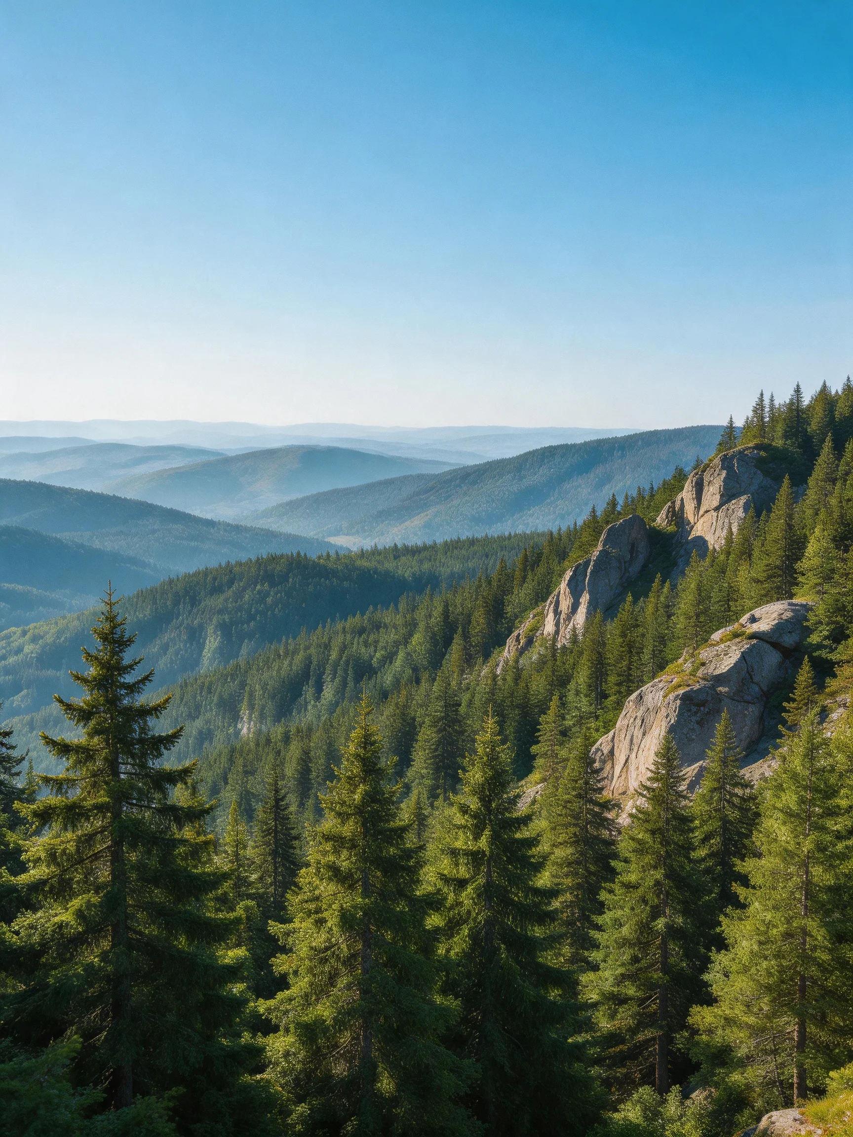 Dense evergreen forest with rocky cliffs and layered mountain ranges