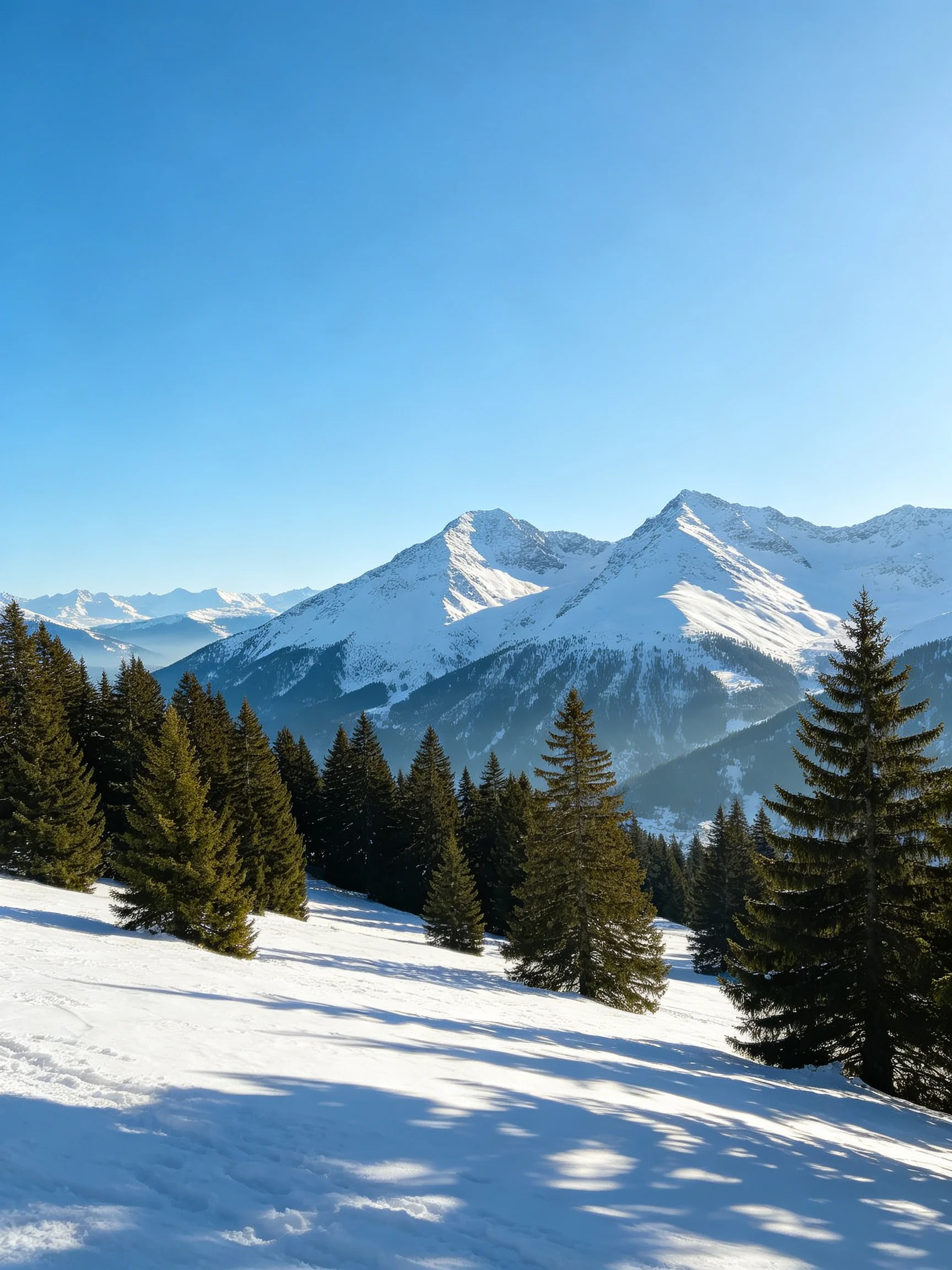 Dense evergreen forests near snow-covered mountain peaks under a clear blue sky