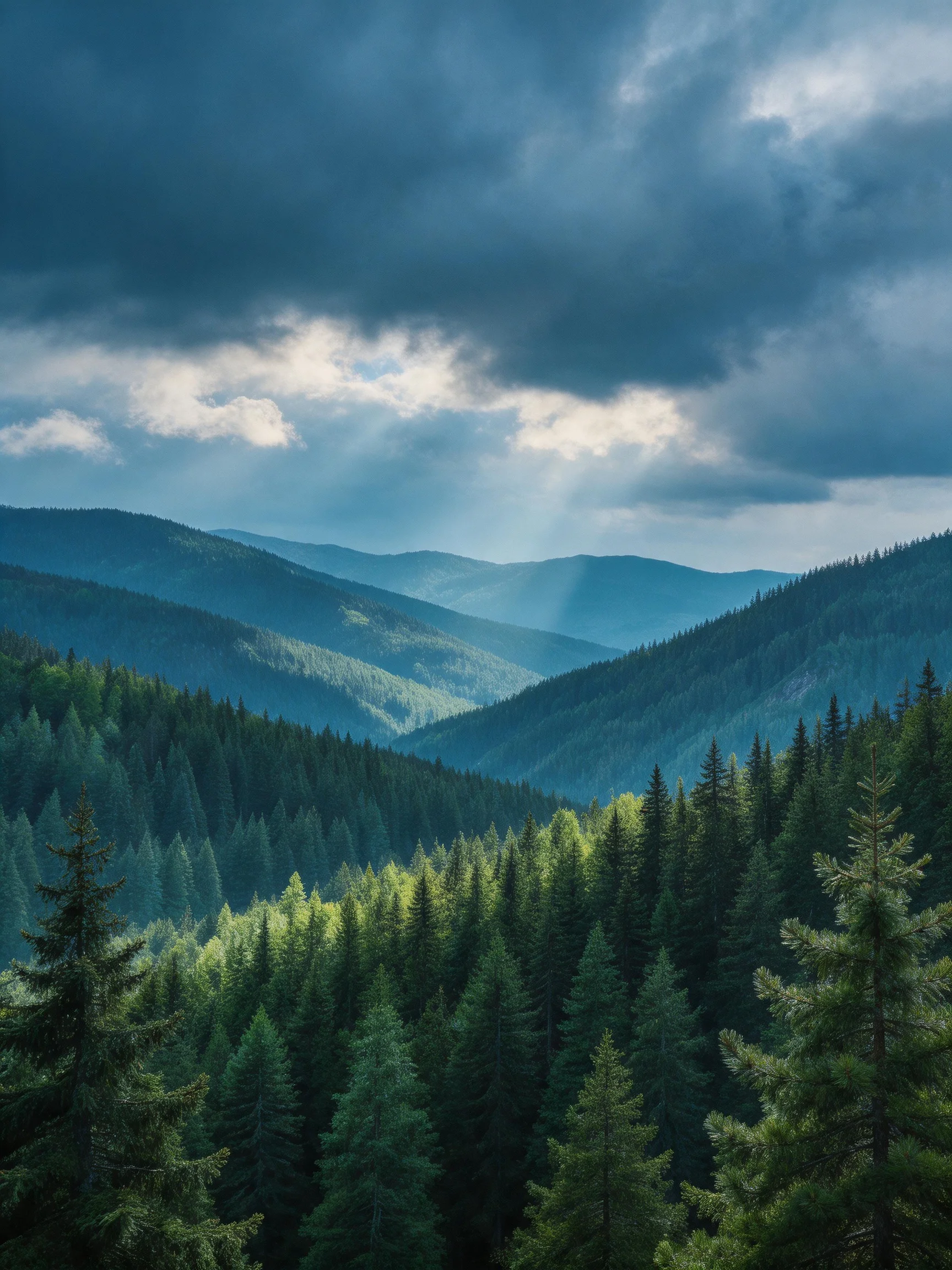 Dense evergreen forests span layered mountain ridges beneath stormy skies