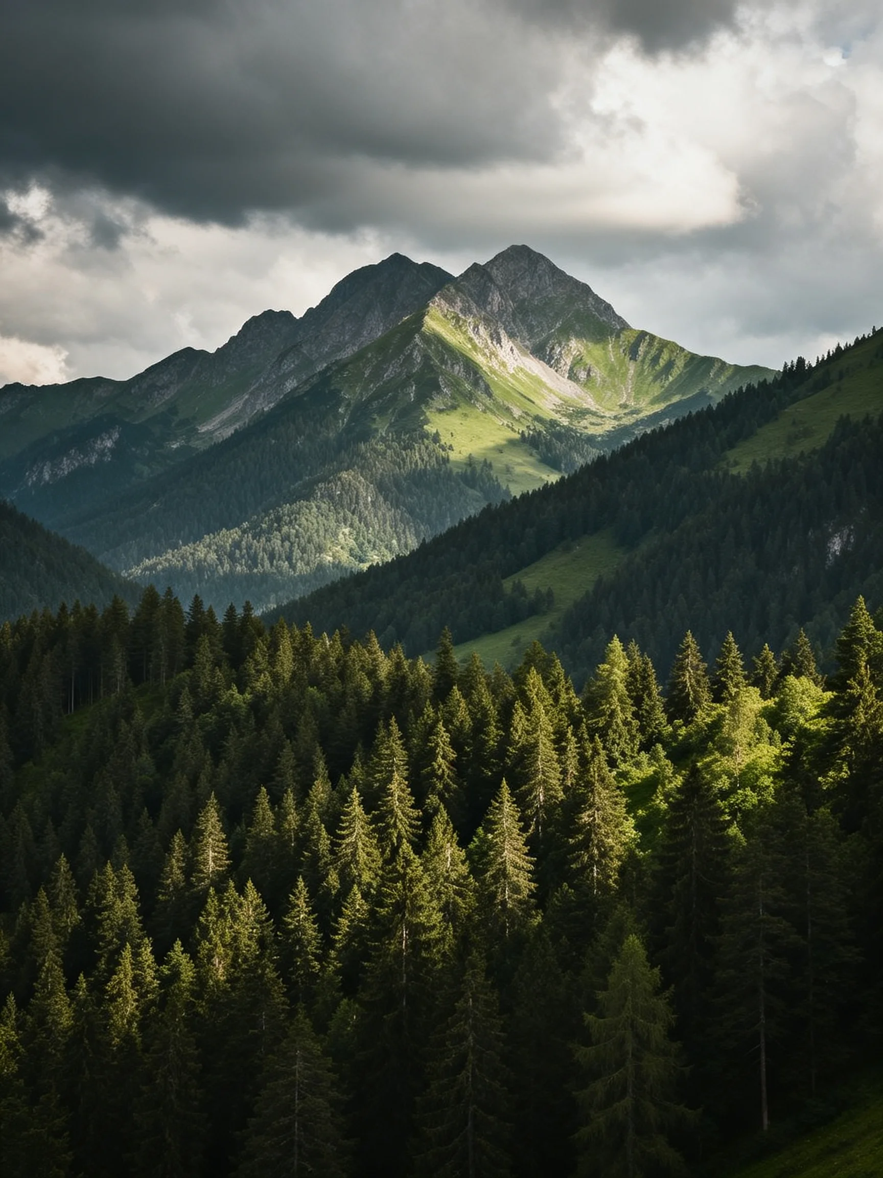 Dense forest below towering green mountains under moody sky
