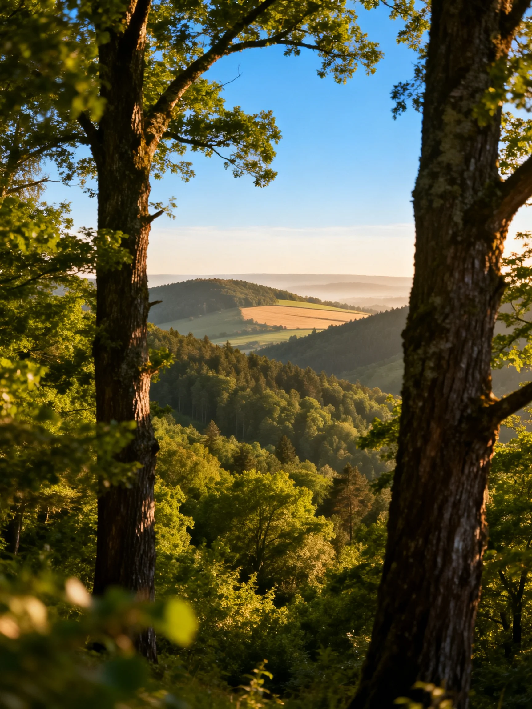Dense forest overlooks rolling hills and golden fields under bright blue sky