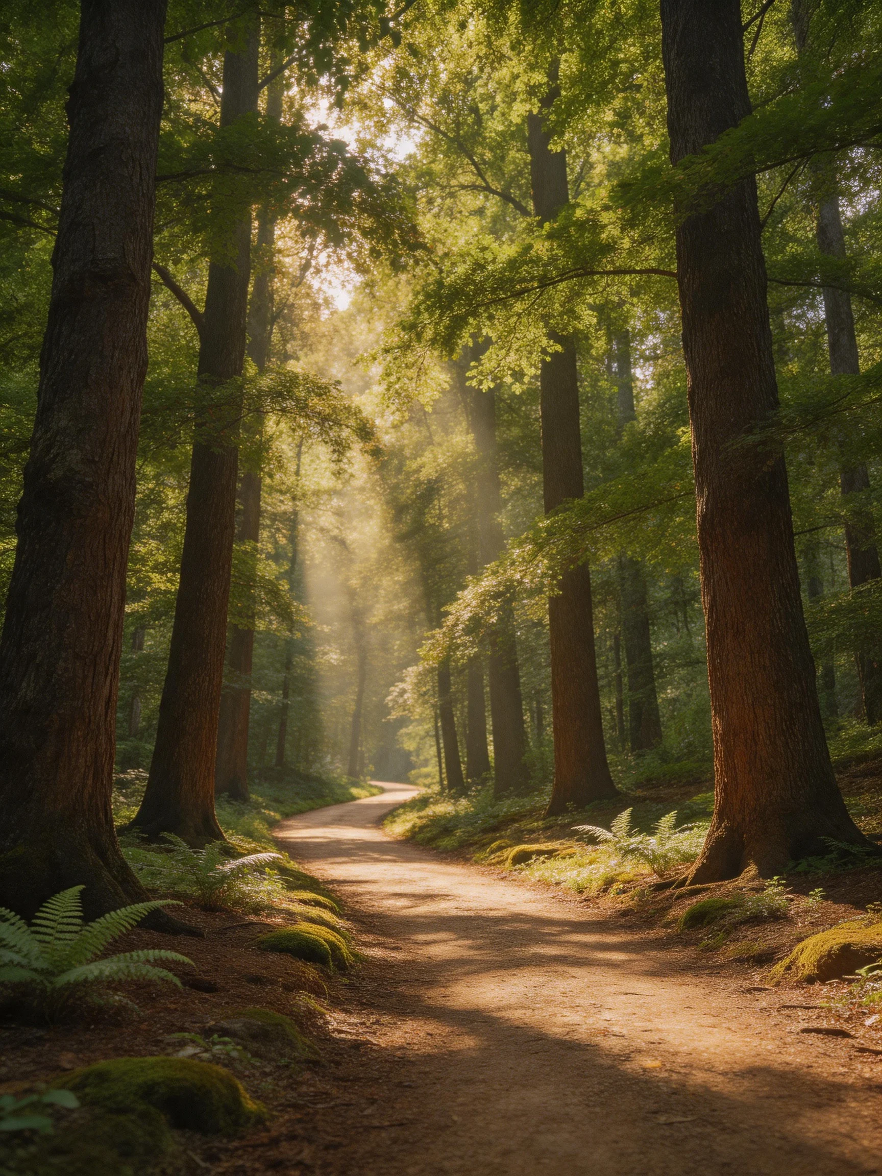 Dense forest path with towering trees and golden sunlight