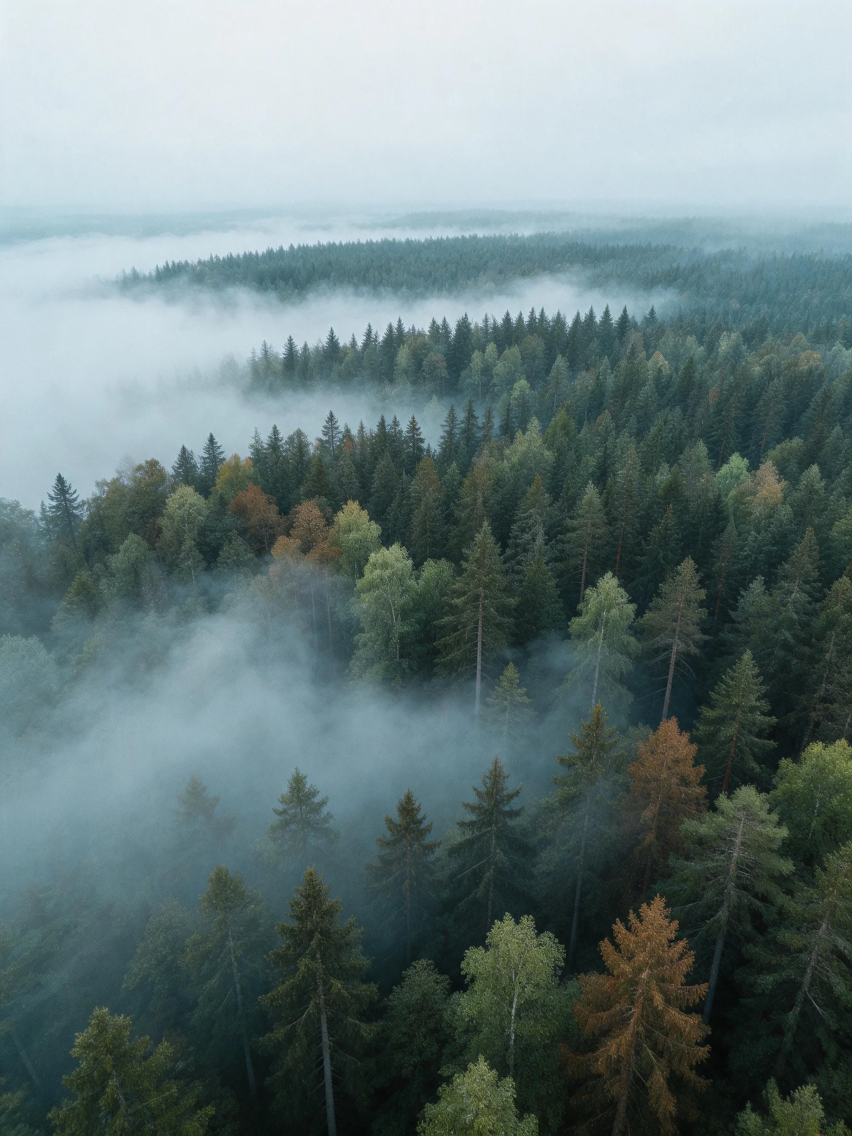 Dense forest with mixed evergreen and deciduous trees under thick fog