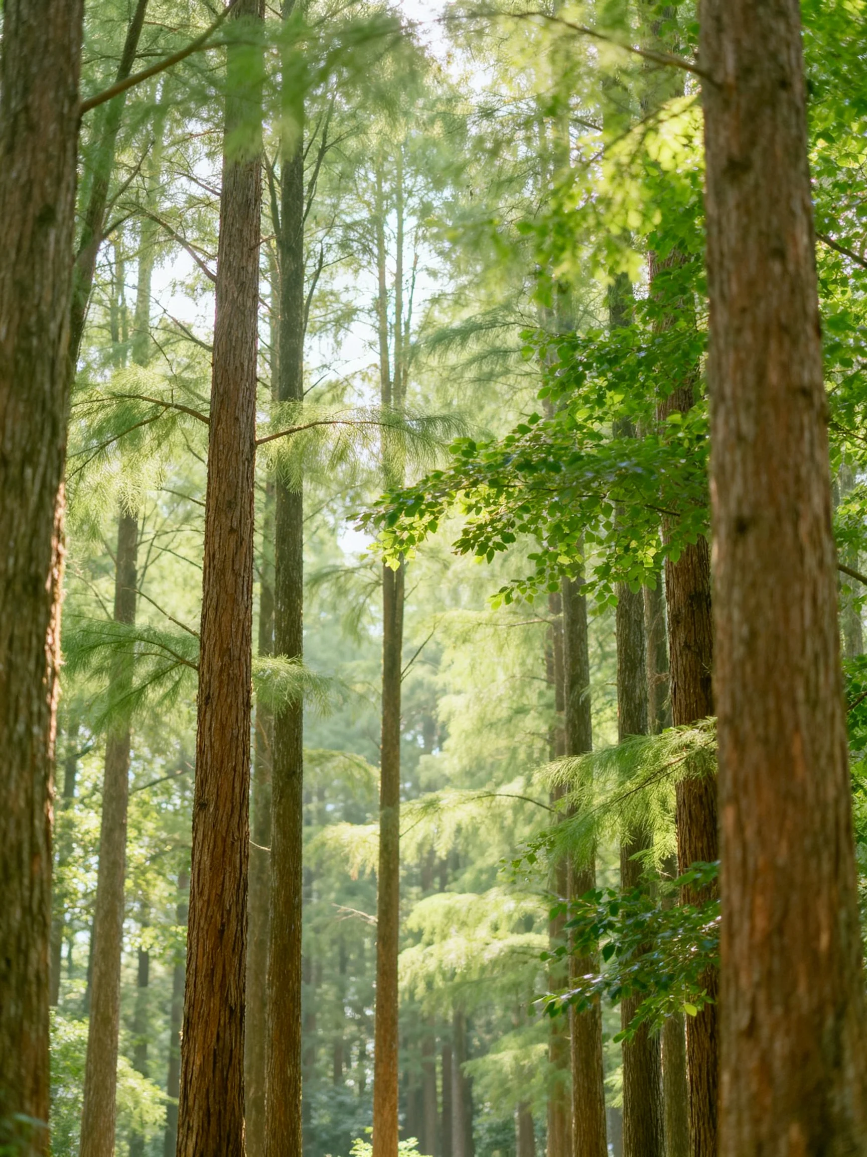 Dense forest with tall brown-trunked trees and lush green foliage