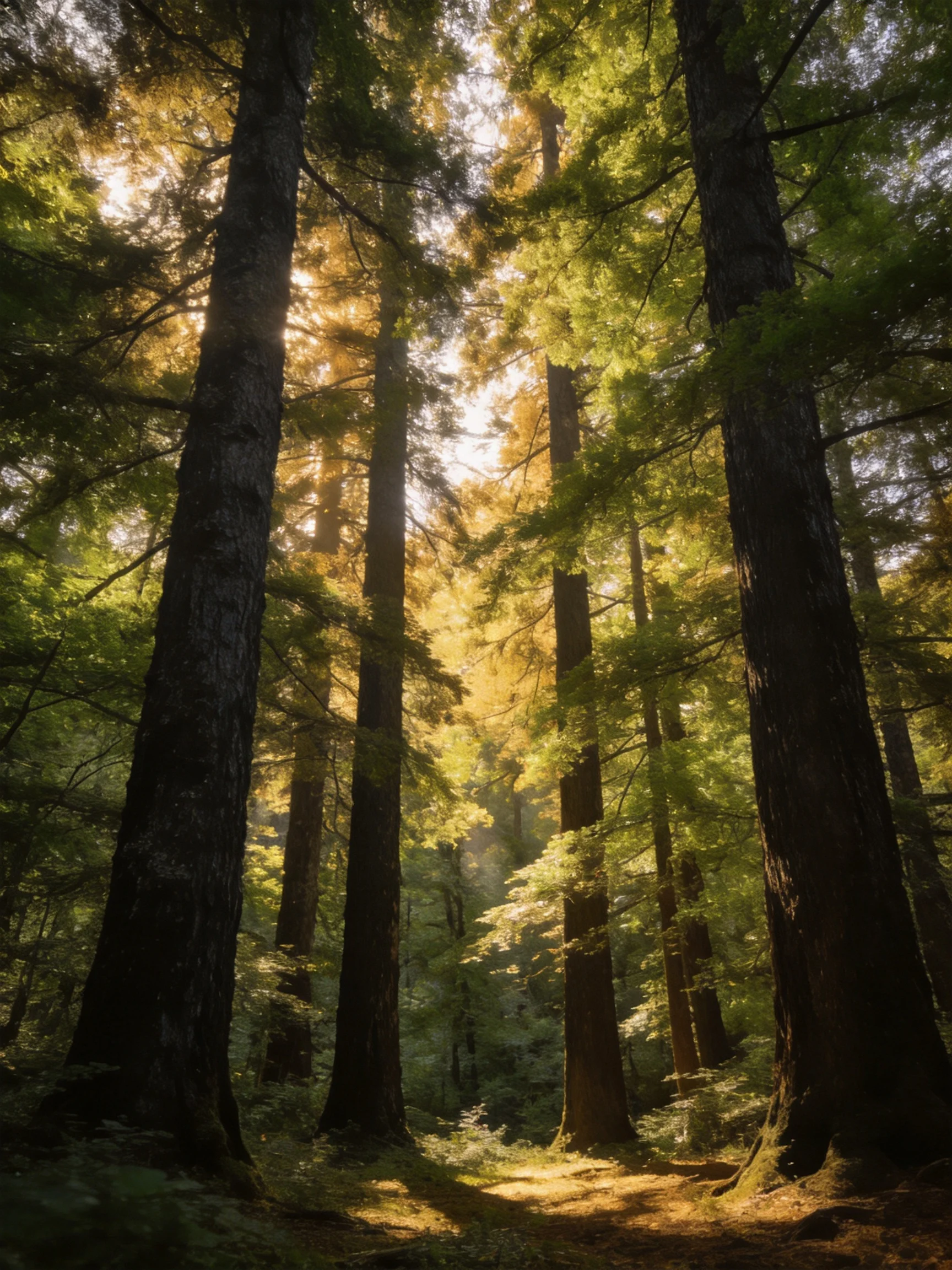 Dense forest with tall dark-trunked trees under golden sunlight