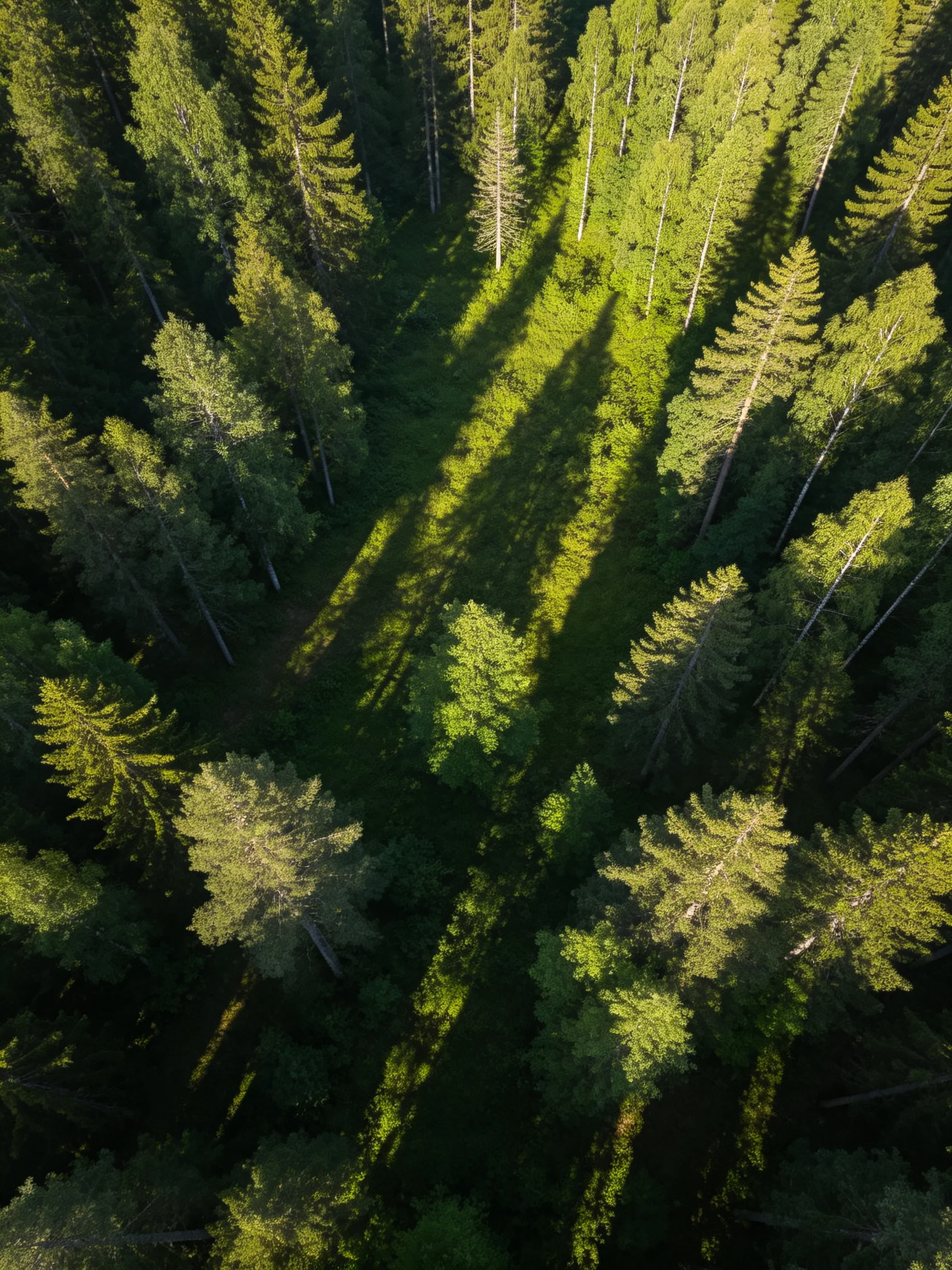 Dense forest with tall evergreen trees and long shadows
