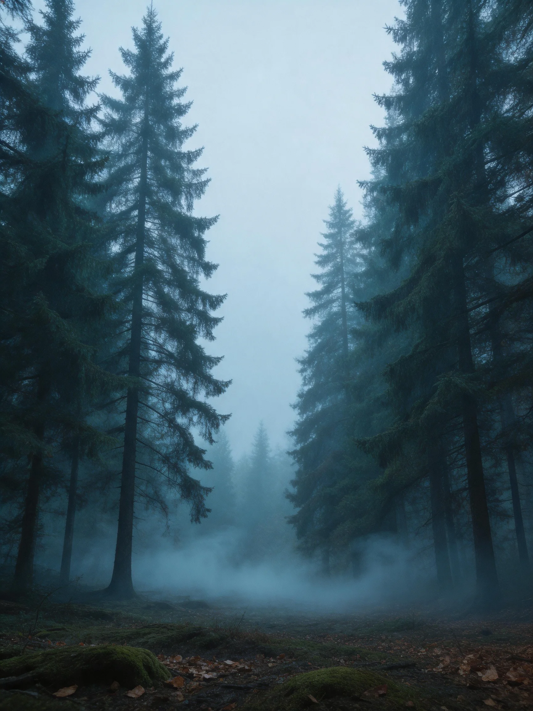 Dense forest with tall evergreen trees covered in morning fog